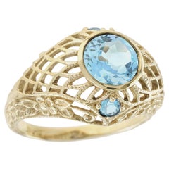 Filigraner natürlicher blauer Topas im Vintage-Stil aus massivem 9K Gelbgold