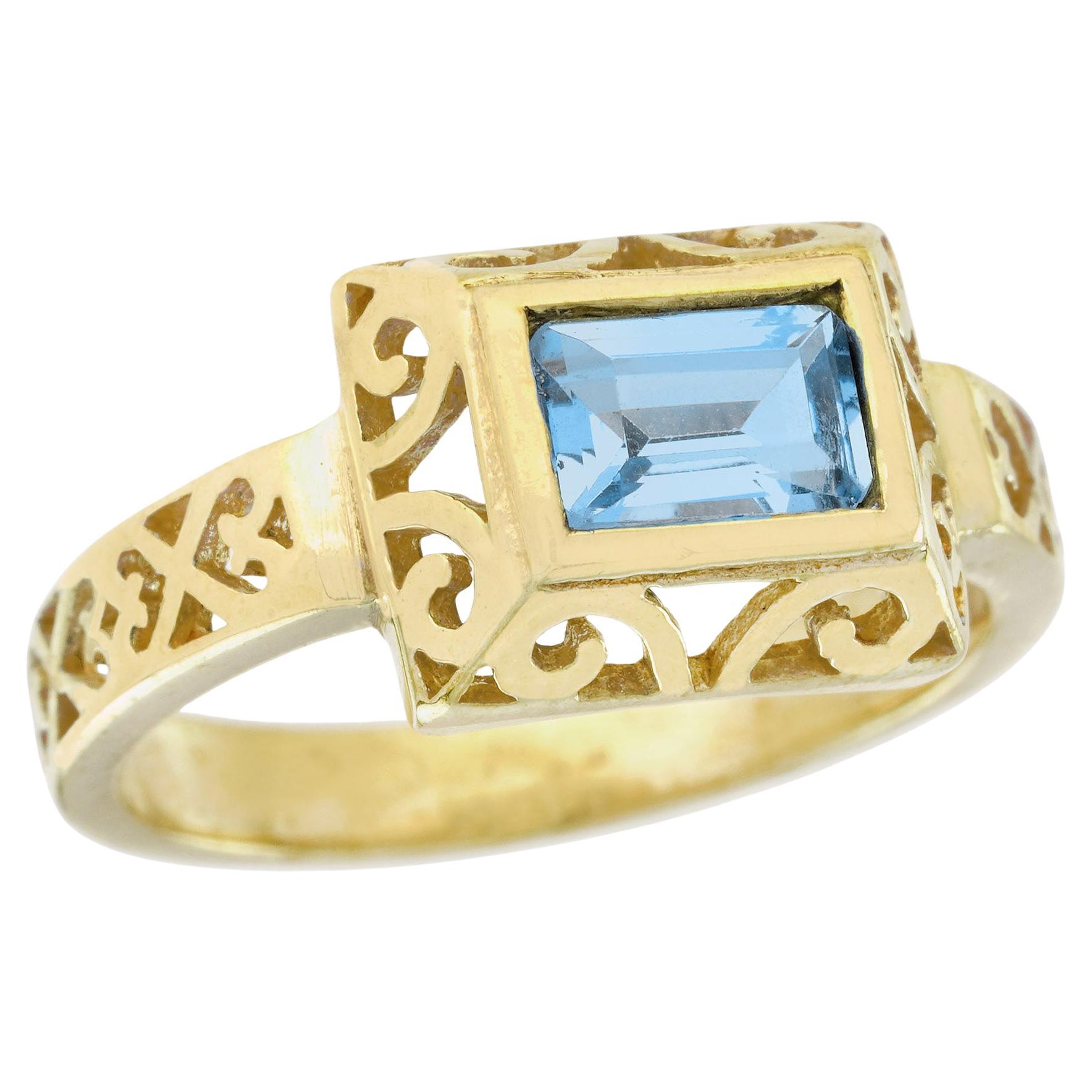 Topacio azul natural Anillo de filigrana estilo vintage en oro amarillo macizo de 9 quilates