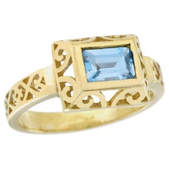 Topacio azul natural Anillo de filigrana estilo vintage en oro amarillo macizo de 9 quilates