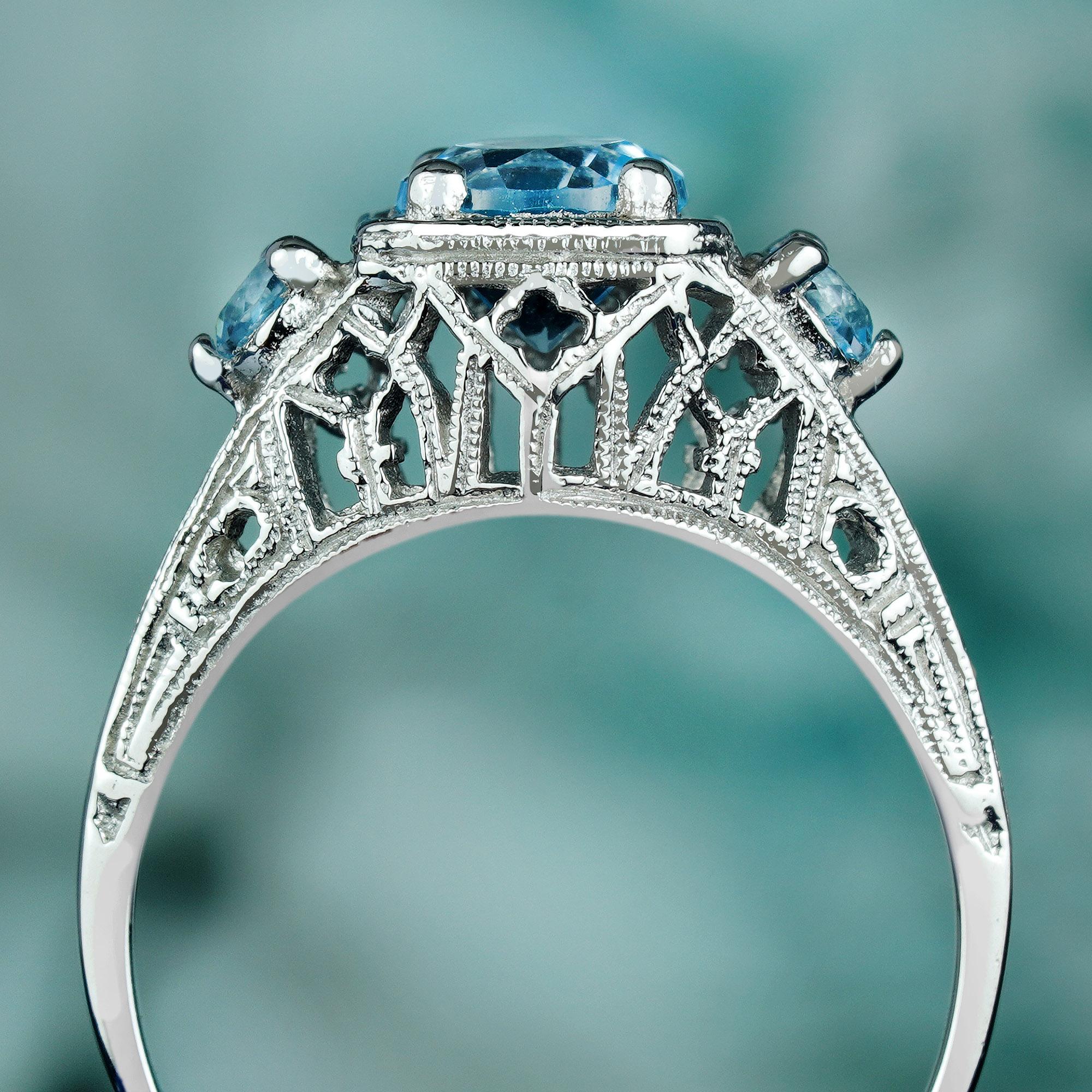 Natural Blue Topaz Vintage Style Filigree Three Stone Ring in Solid 9K Gold In New Condition For Sale In Bangkok, TH