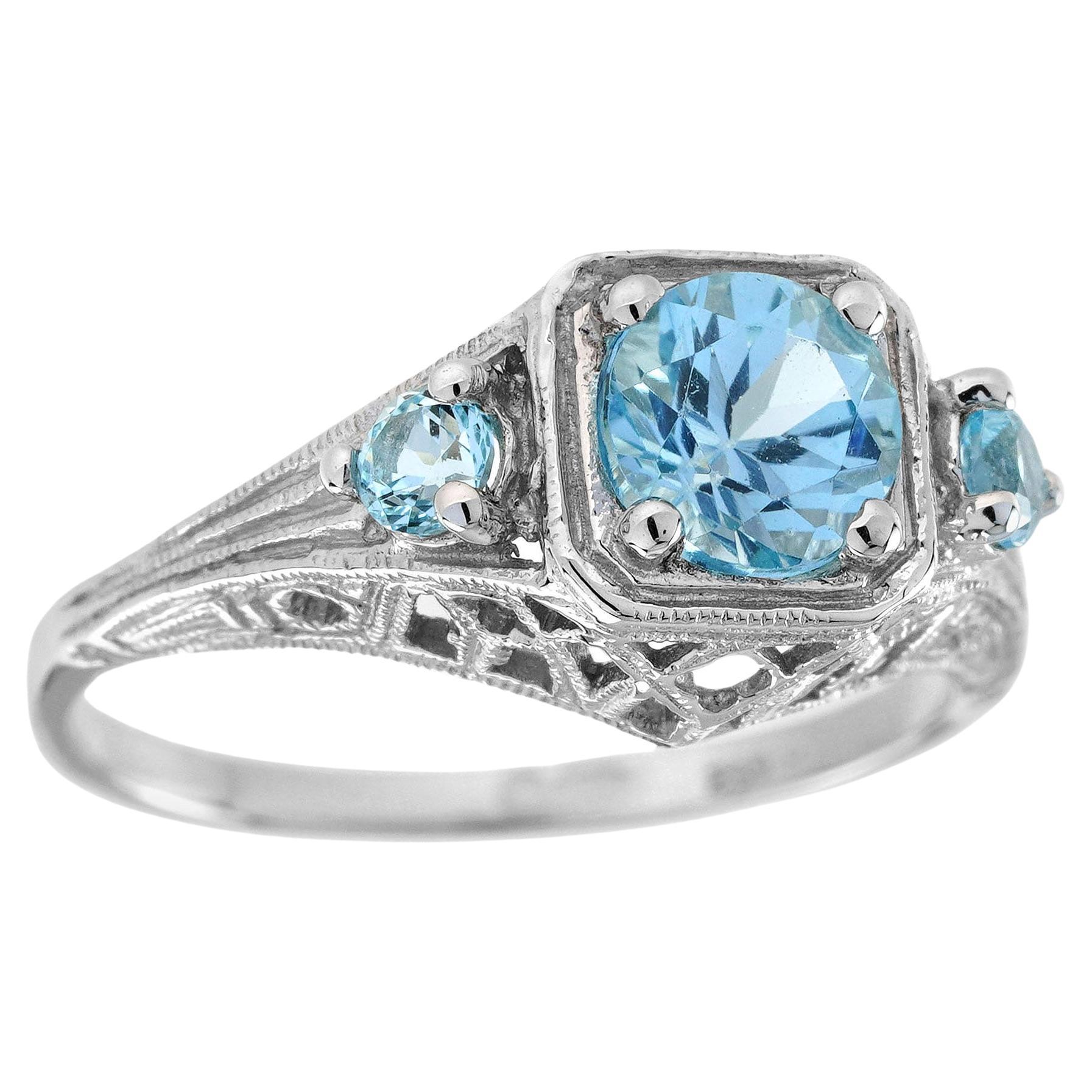 Natural Blue Topaz Vintage Style Filigree Three Stone Ring in Solid 9K Gold For Sale