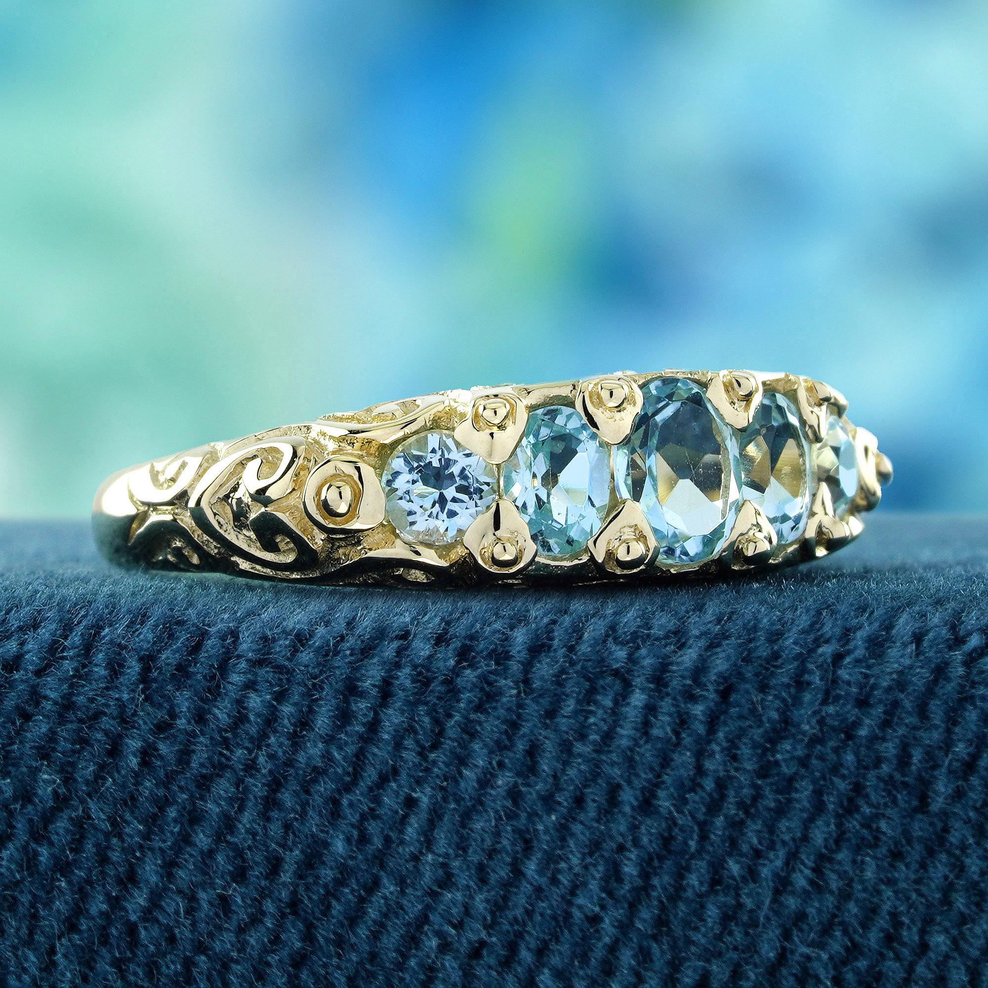 Edwardian Natural Blue Topaz Vintage Style Five Stone Ring in Solid 9K Yellow Gold For Sale