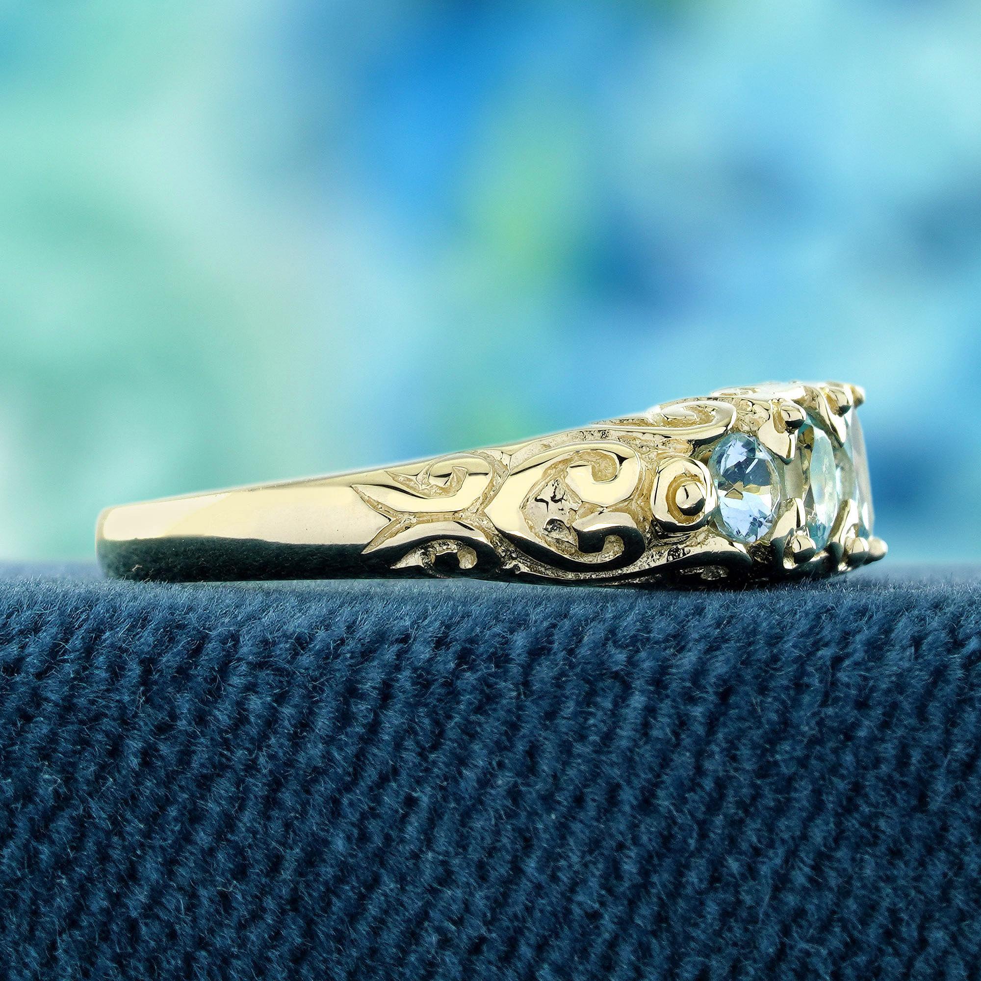 Oval Cut Natural Blue Topaz Vintage Style Five Stone Ring in Solid 9K Yellow Gold For Sale