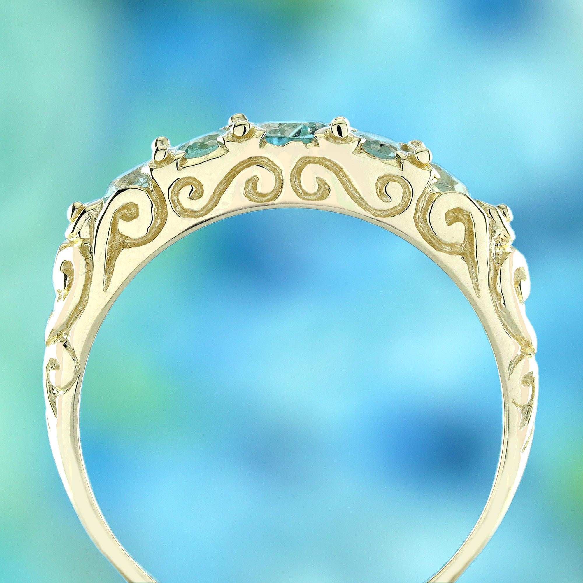 Natural Blue Topaz Vintage Style Five Stone Ring in Solid 9K Yellow Gold In New Condition For Sale In Bangkok, TH