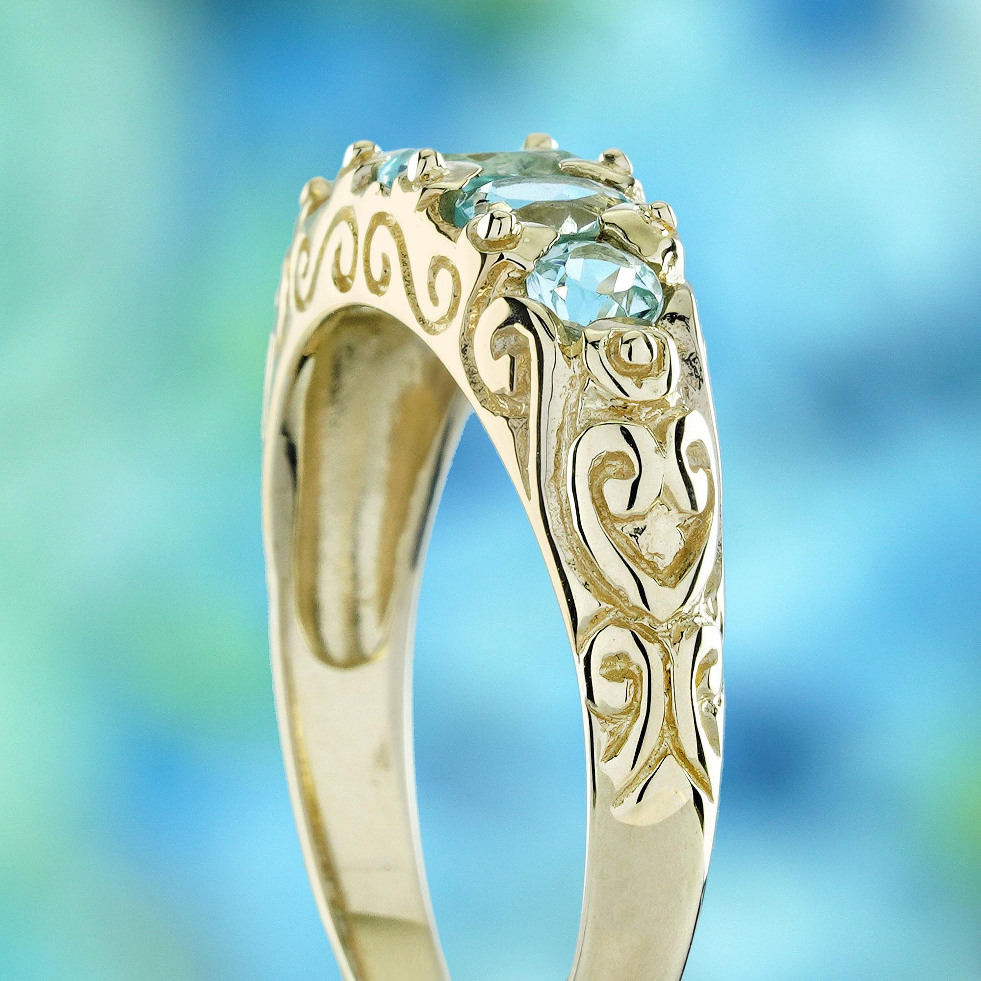 Women's Natural Blue Topaz Vintage Style Five Stone Ring in Solid 9K Yellow Gold For Sale
