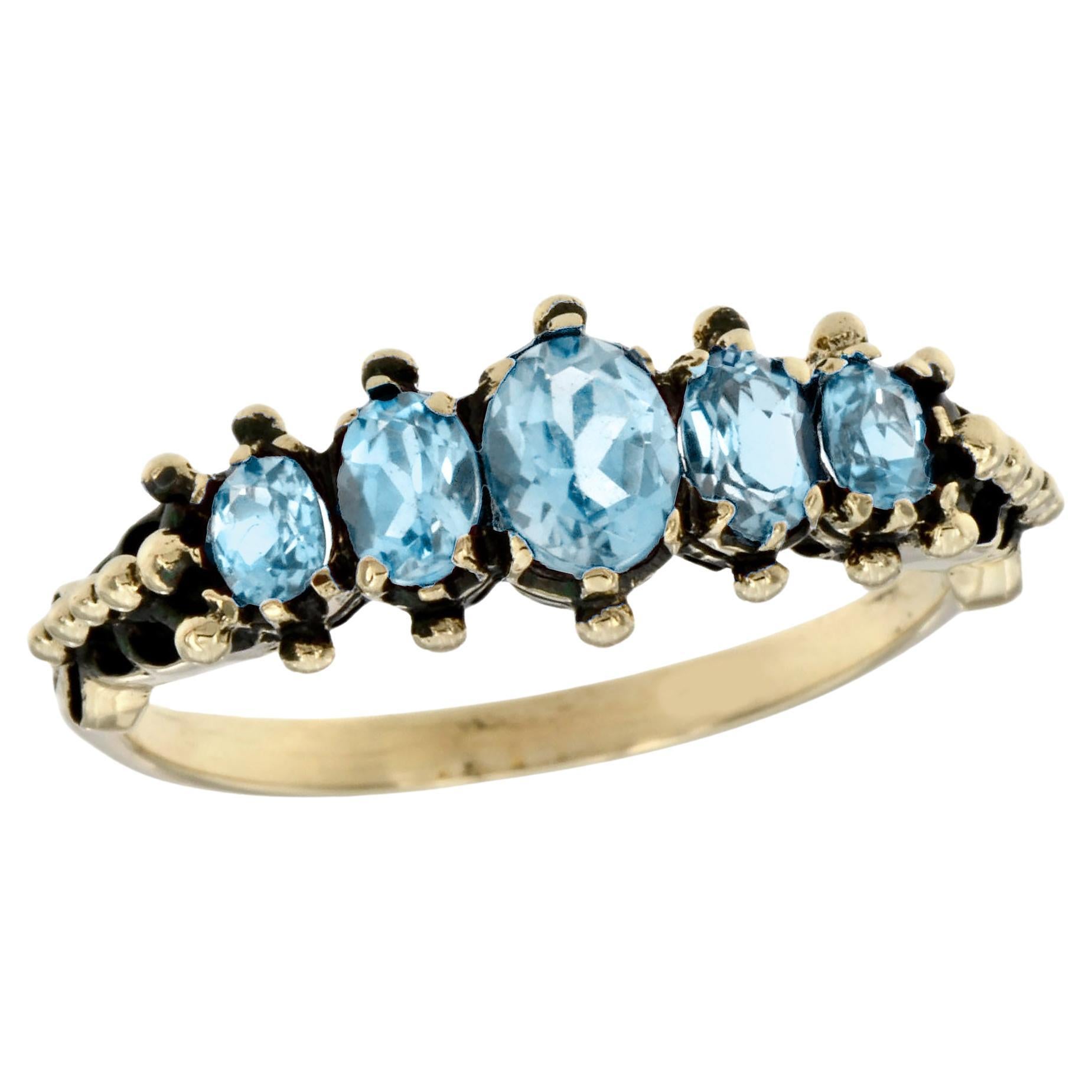 Natural Blue Topaz Vintage Style Five Stone Ring in Solid 9K Yellow Gold For Sale
