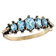 Natural Blue Topaz Vintage Style Five Stone Ring in Solid 9K Yellow Gold