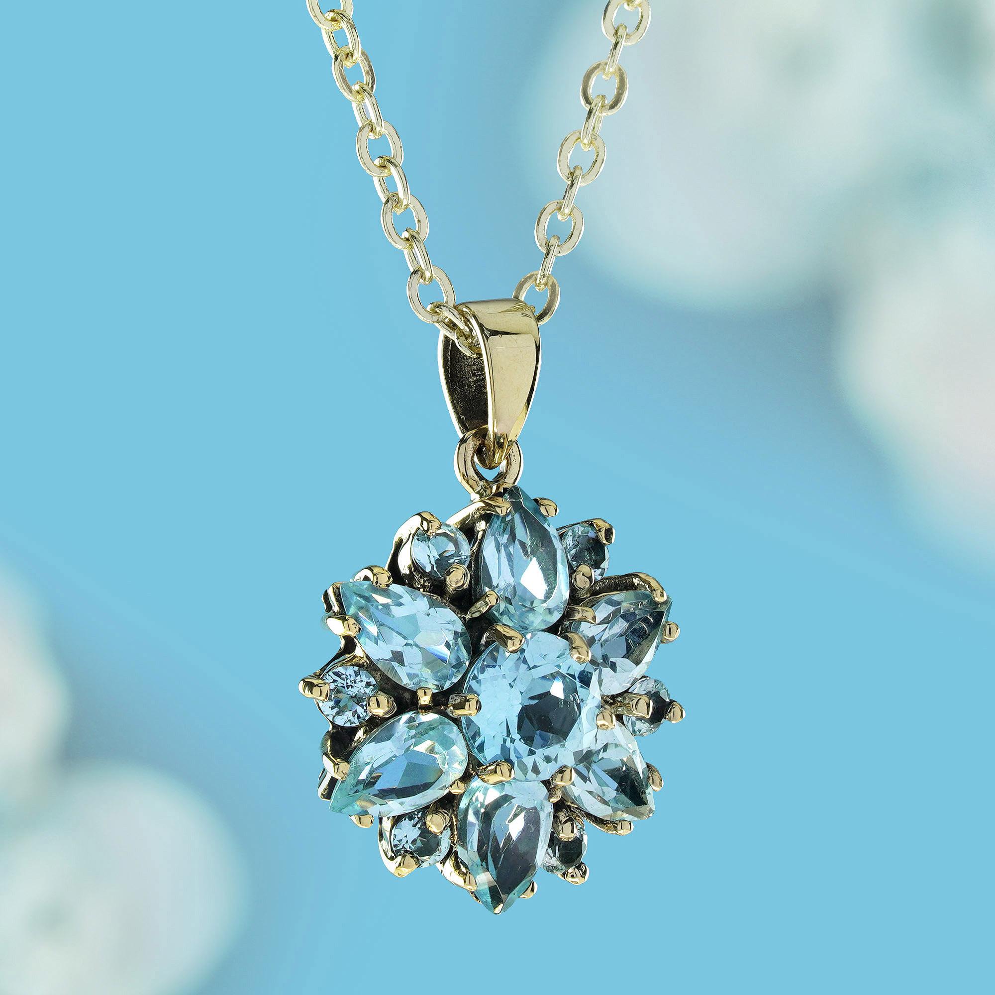 Edwardian Natural Blue Topaz Vintage Style Floral Cluster Pendant in 9K Yellow Gold For Sale