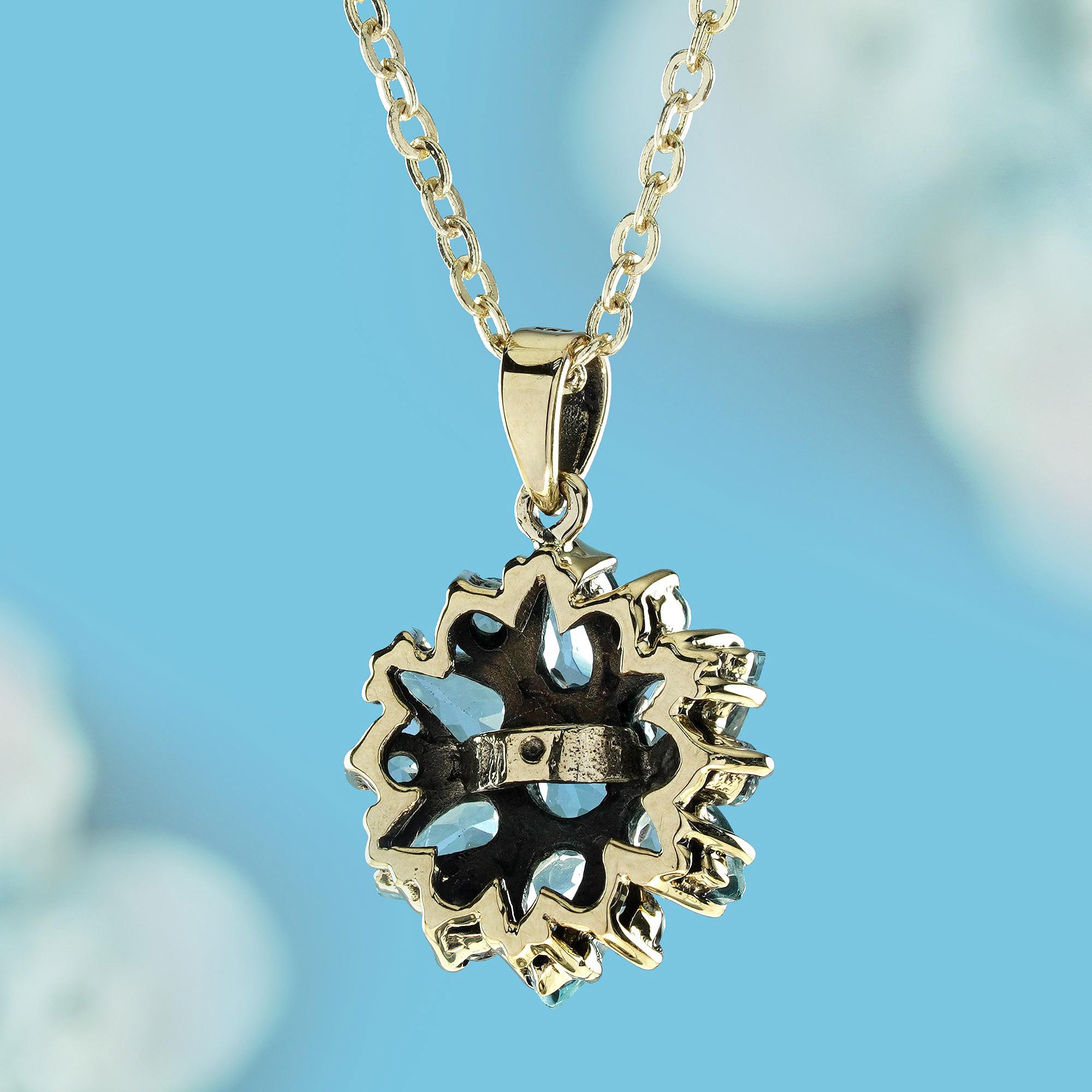Round Cut Natural Blue Topaz Vintage Style Floral Cluster Pendant in 9K Yellow Gold For Sale