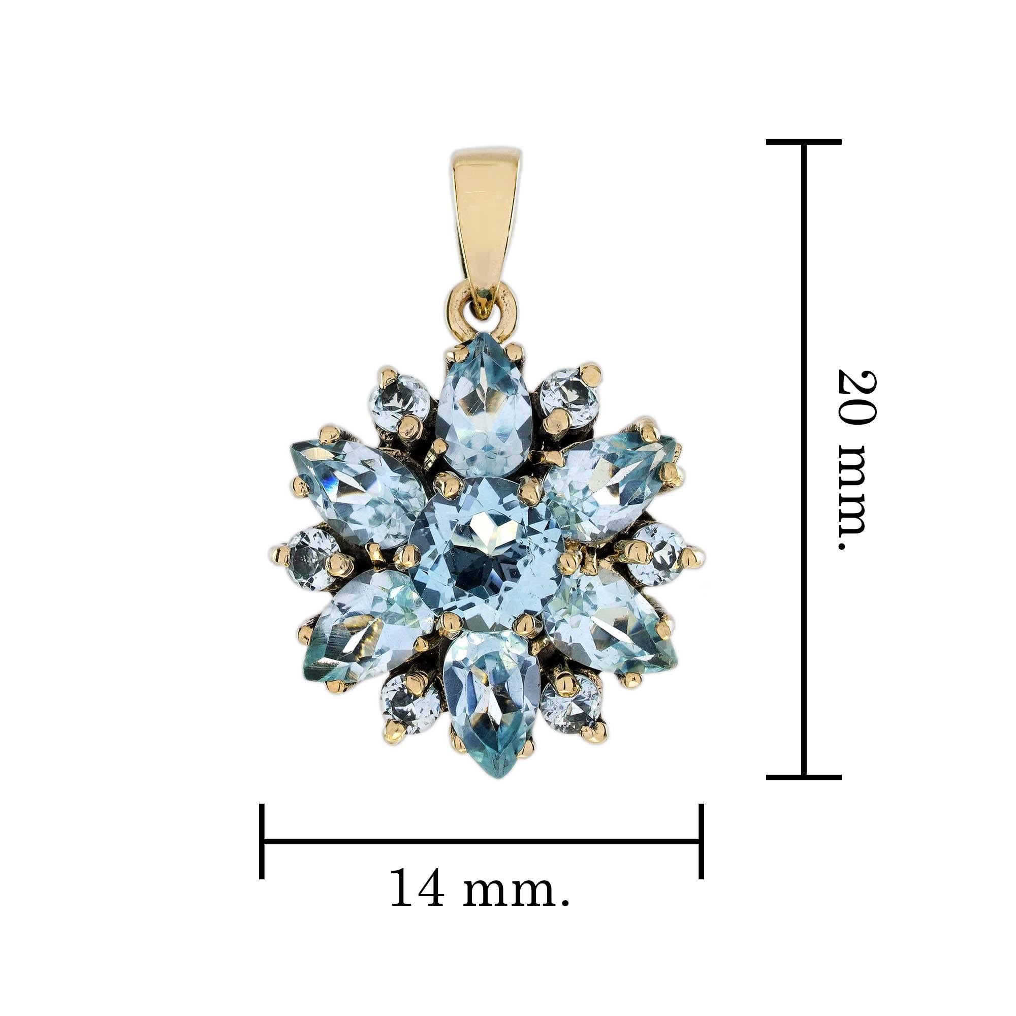 Natural Blue Topaz Vintage Style Floral Cluster Pendant in 9K Yellow Gold In New Condition For Sale In Bangkok, TH