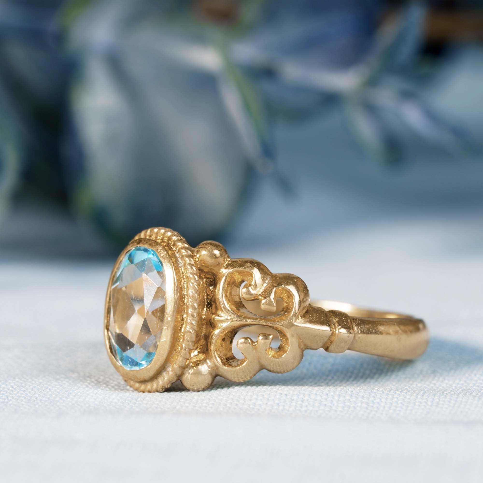 Natural Blue Topaz Vintage Style Ring in Solid 9K Yellow Gold 4
