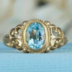 Natural Blue Topaz Vintage Style Ring in Solid 9K Yellow Gold