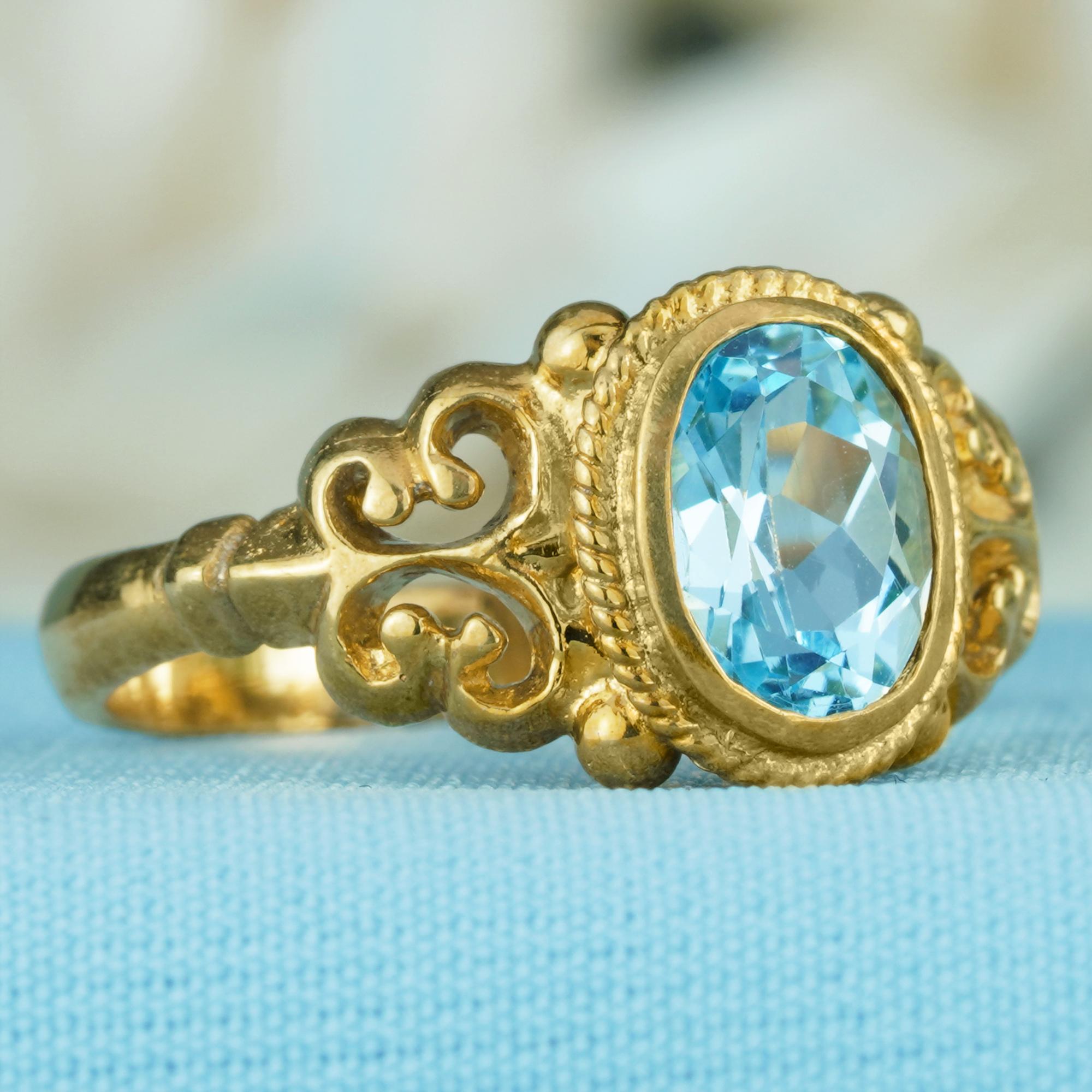 Edwardian Natural Blue Topaz Vintage Style Ring in Solid 9K Yellow Gold