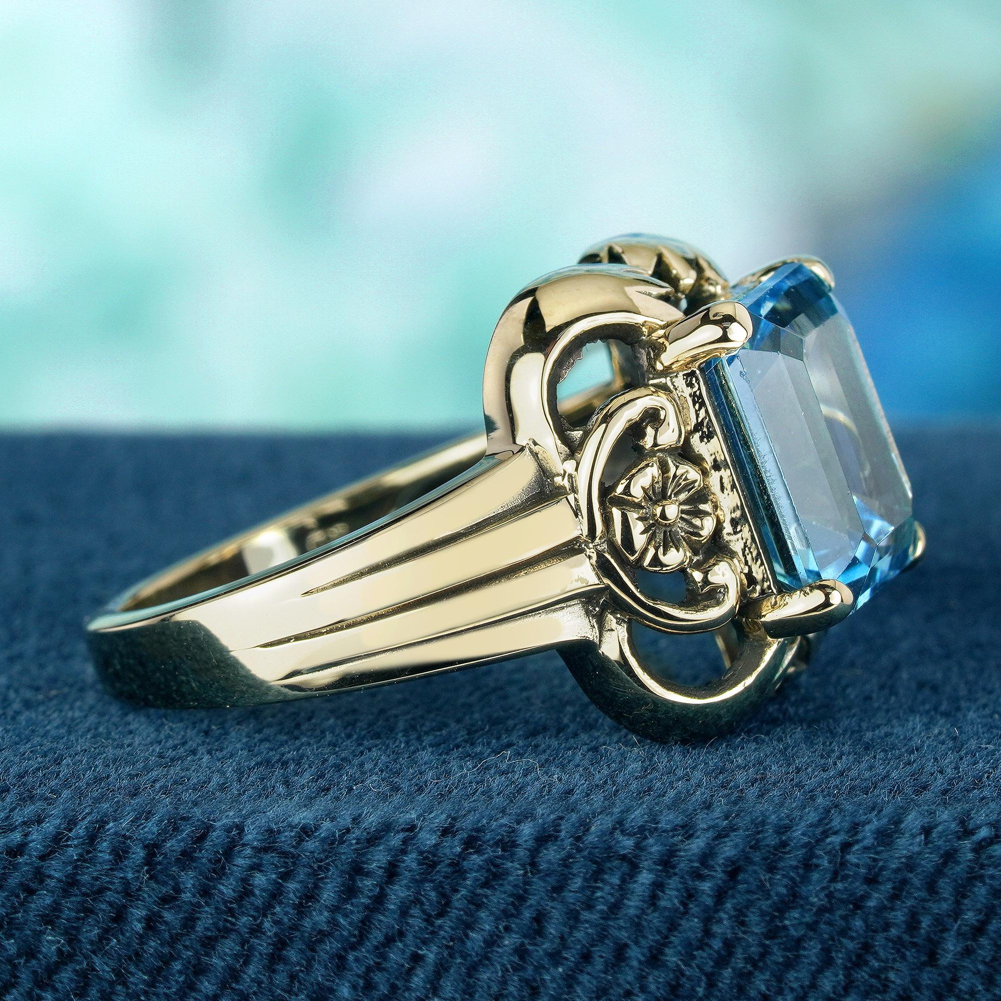Emerald Cut Natural Blue Topaz Vintage Style Ring in Solid 9K Yellow Gold For Sale