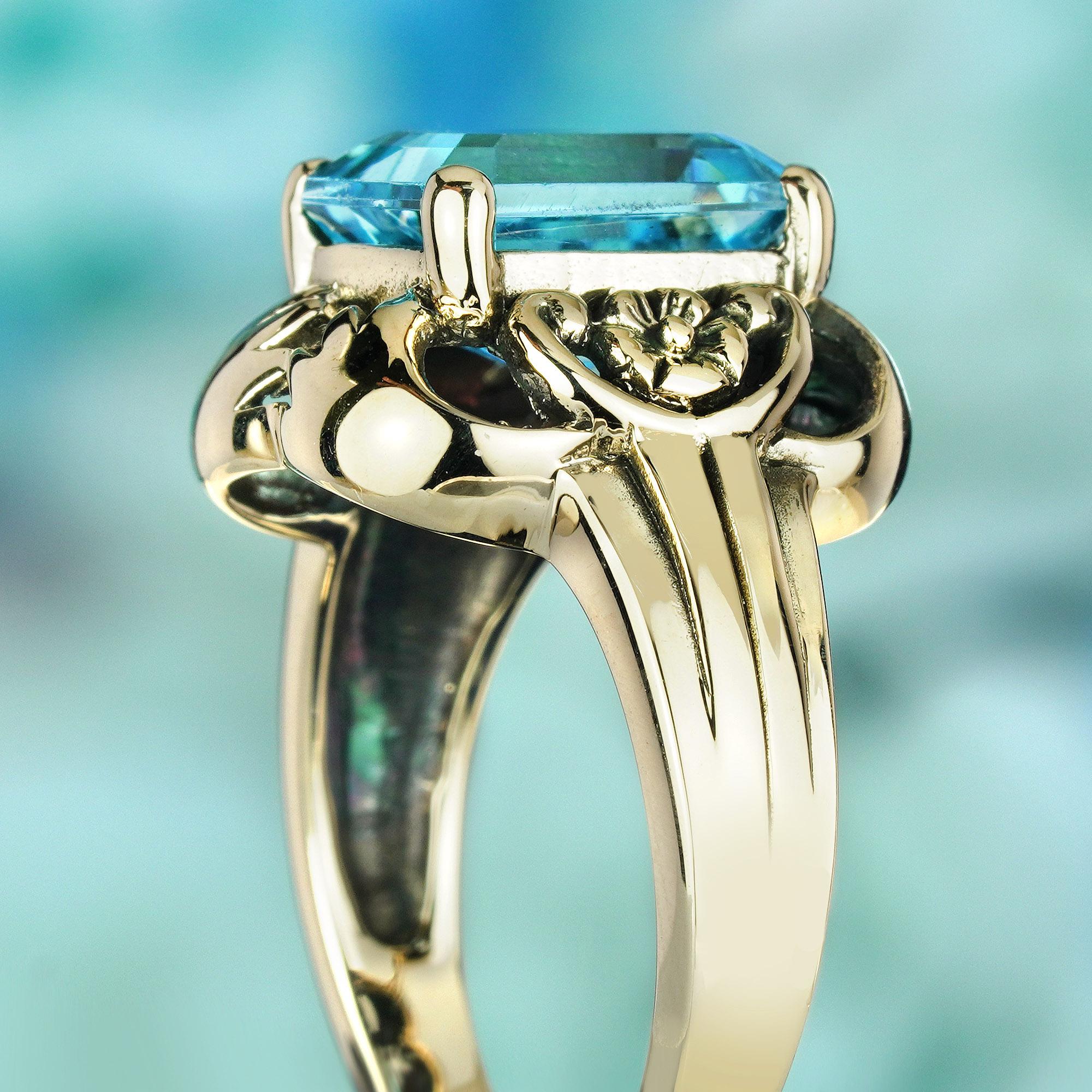 Women's Natural Blue Topaz Vintage Style Ring in Solid 9K Yellow Gold For Sale