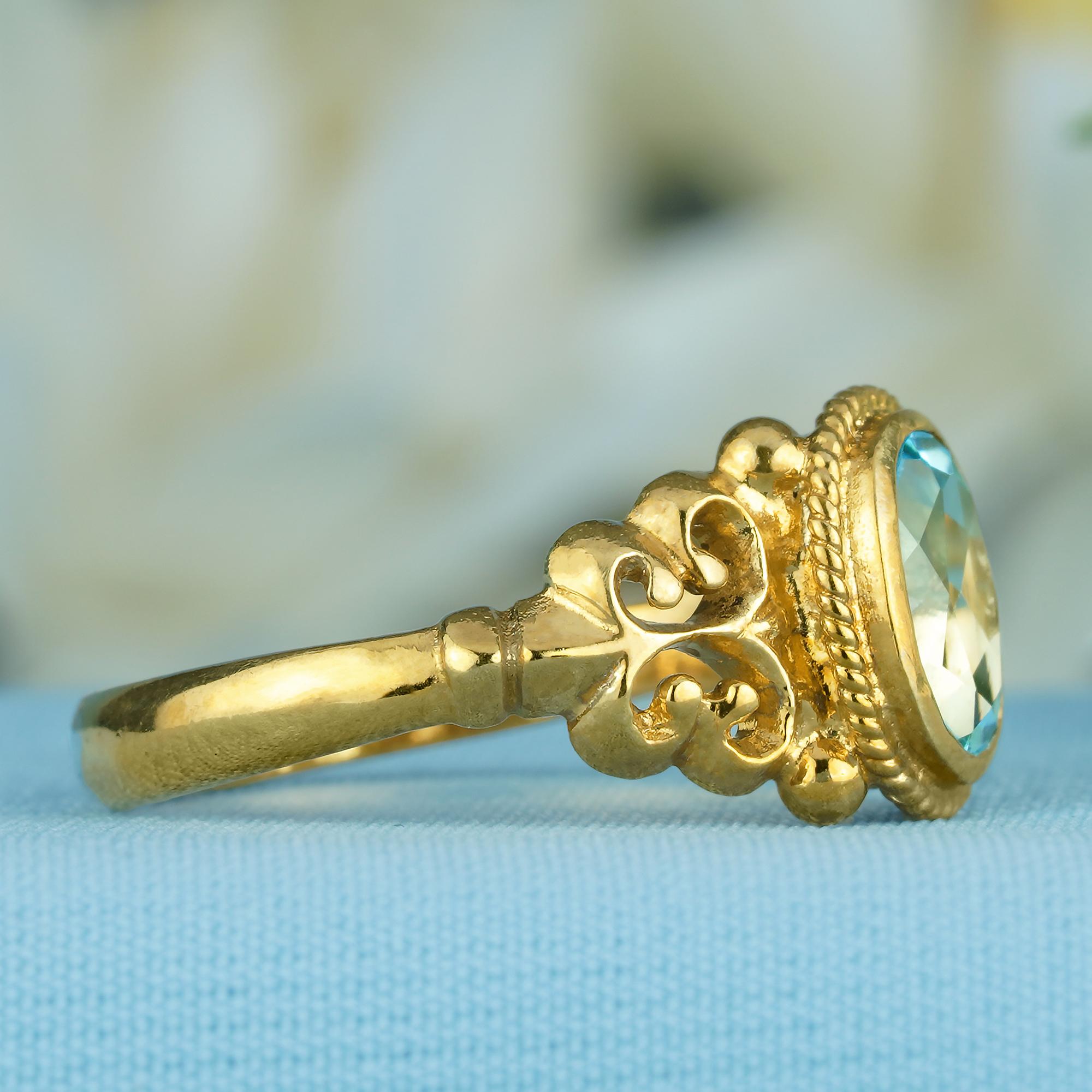 Women's Natural Blue Topaz Vintage Style Ring in Solid 9K Yellow Gold