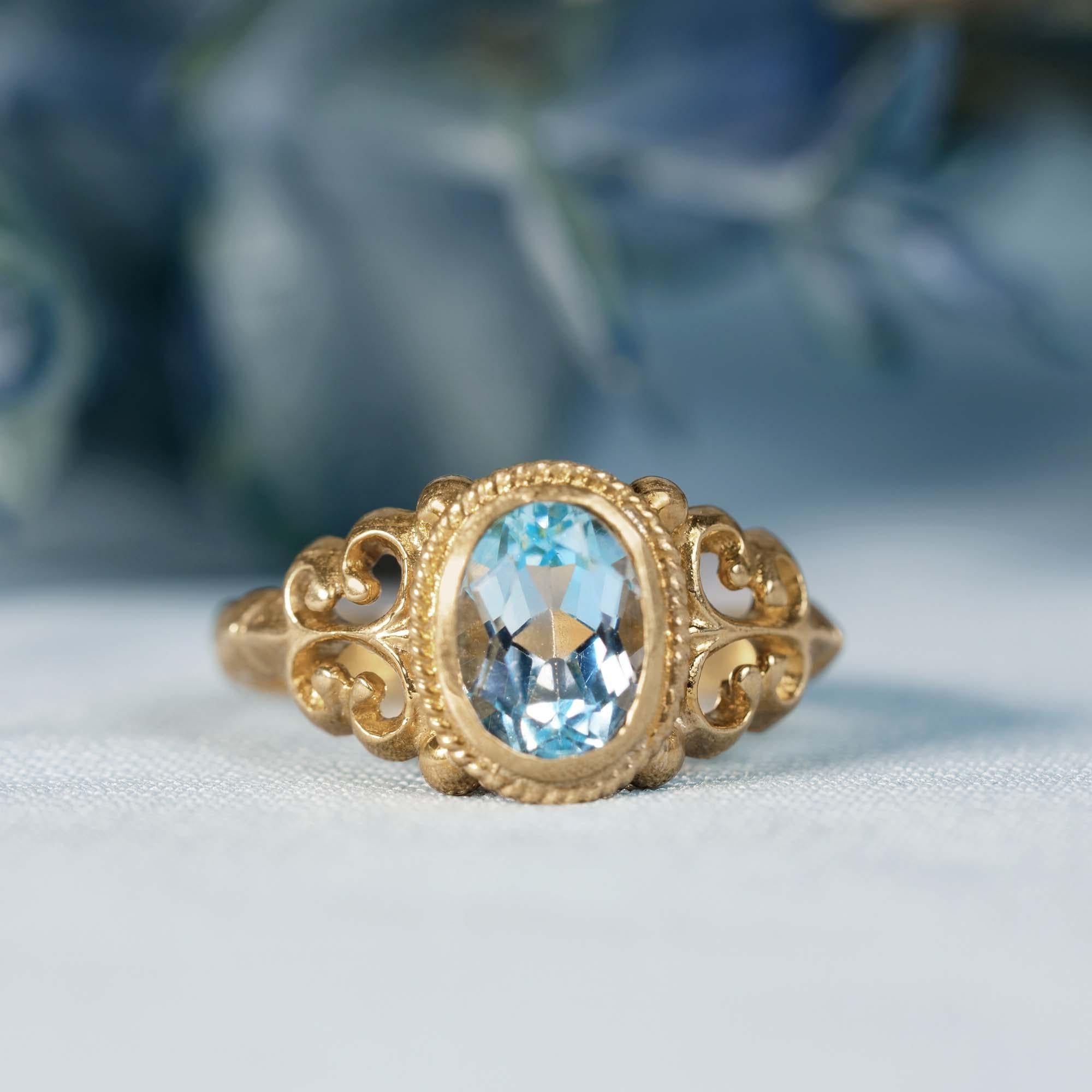 Natural Blue Topaz Vintage Style Ring in Solid 9K Yellow Gold 3