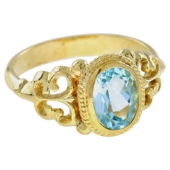 Natural Blue Topaz Vintage Style Ring in Solid 9K Yellow Gold