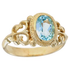 Natural Blue Topaz Vintage Style Ring in Solid 9K Yellow Gold