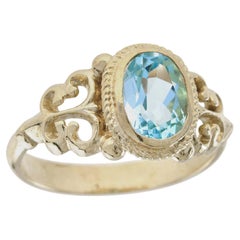 Natural Blue Topaz Vintage Style Ring in Solid 9K Yellow Gold