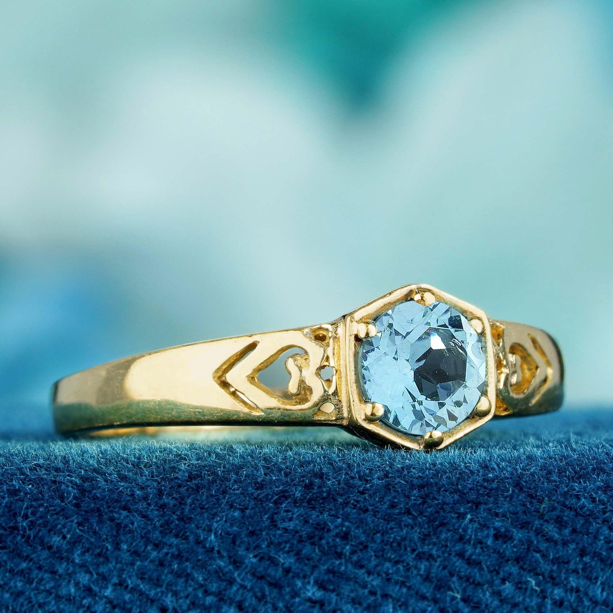 Edwardian Natural Blue Topaz Vintage Style Solitaire Engagement Ring in Solid 9K Gold For Sale
