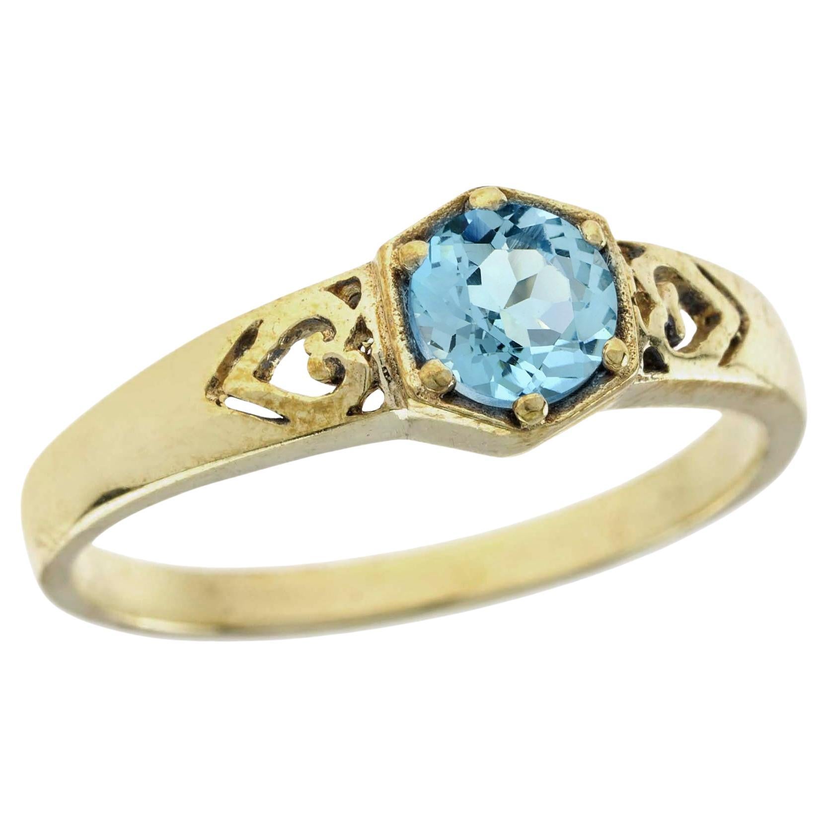 Anello di fidanzamento solitario in stile vintage con topazio blu naturale in oro massiccio 9 carati