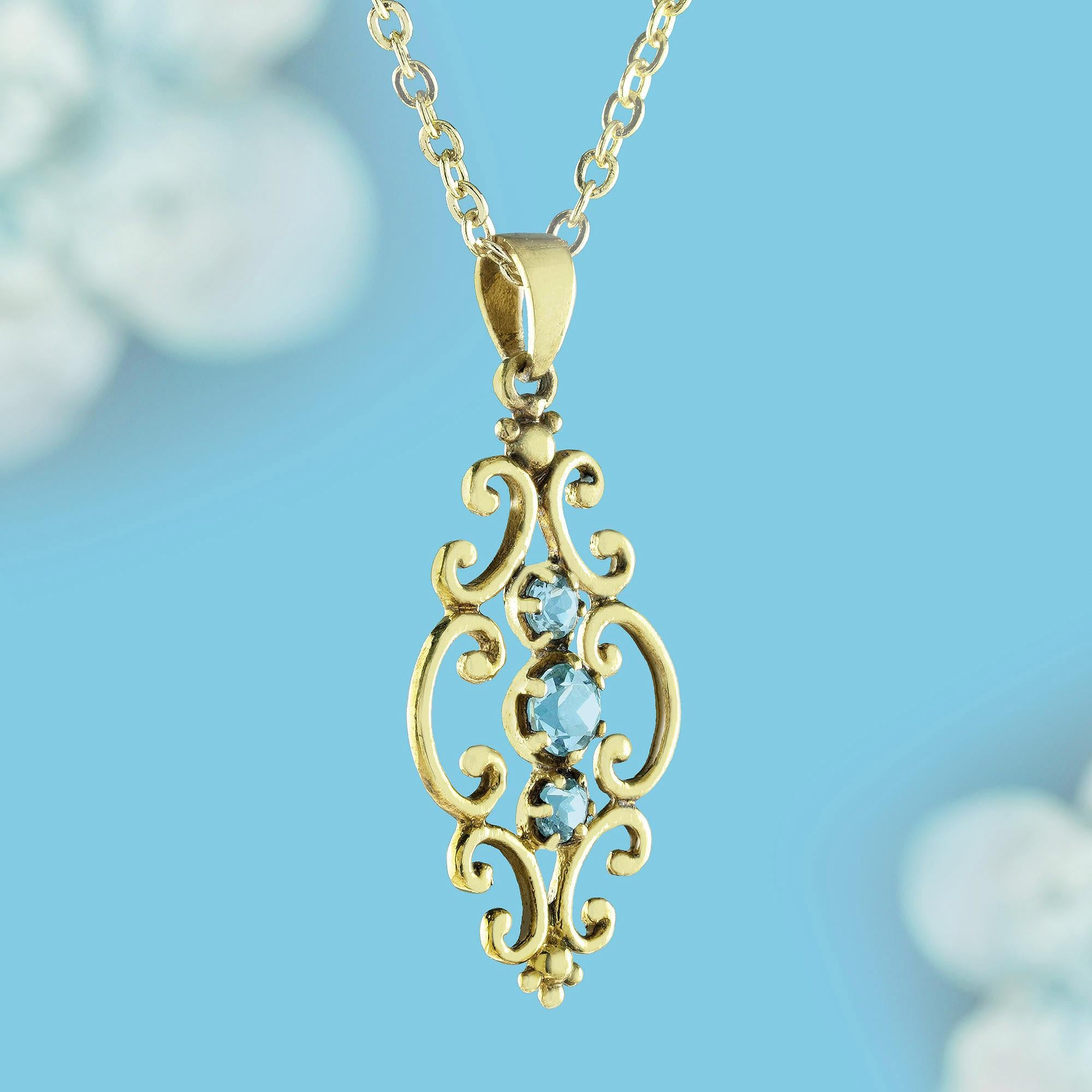 Edwardian Natural Blue Topaz Vintage Style Three Stone Pendant in Solid 9K Yellow Gold  For Sale