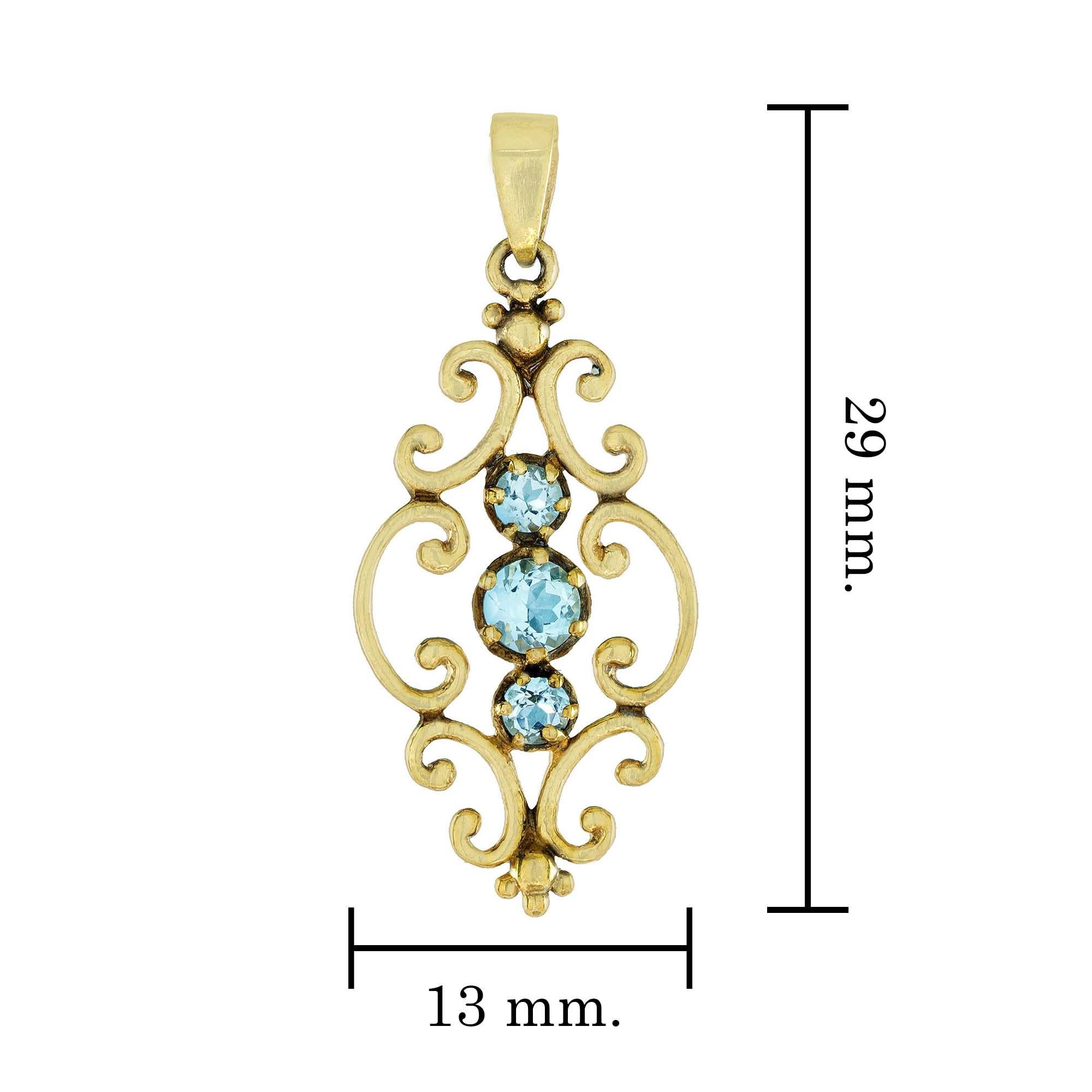 Natural Blue Topaz Vintage Style Three Stone Pendant in Solid 9K Yellow Gold  In New Condition For Sale In Bangkok, TH