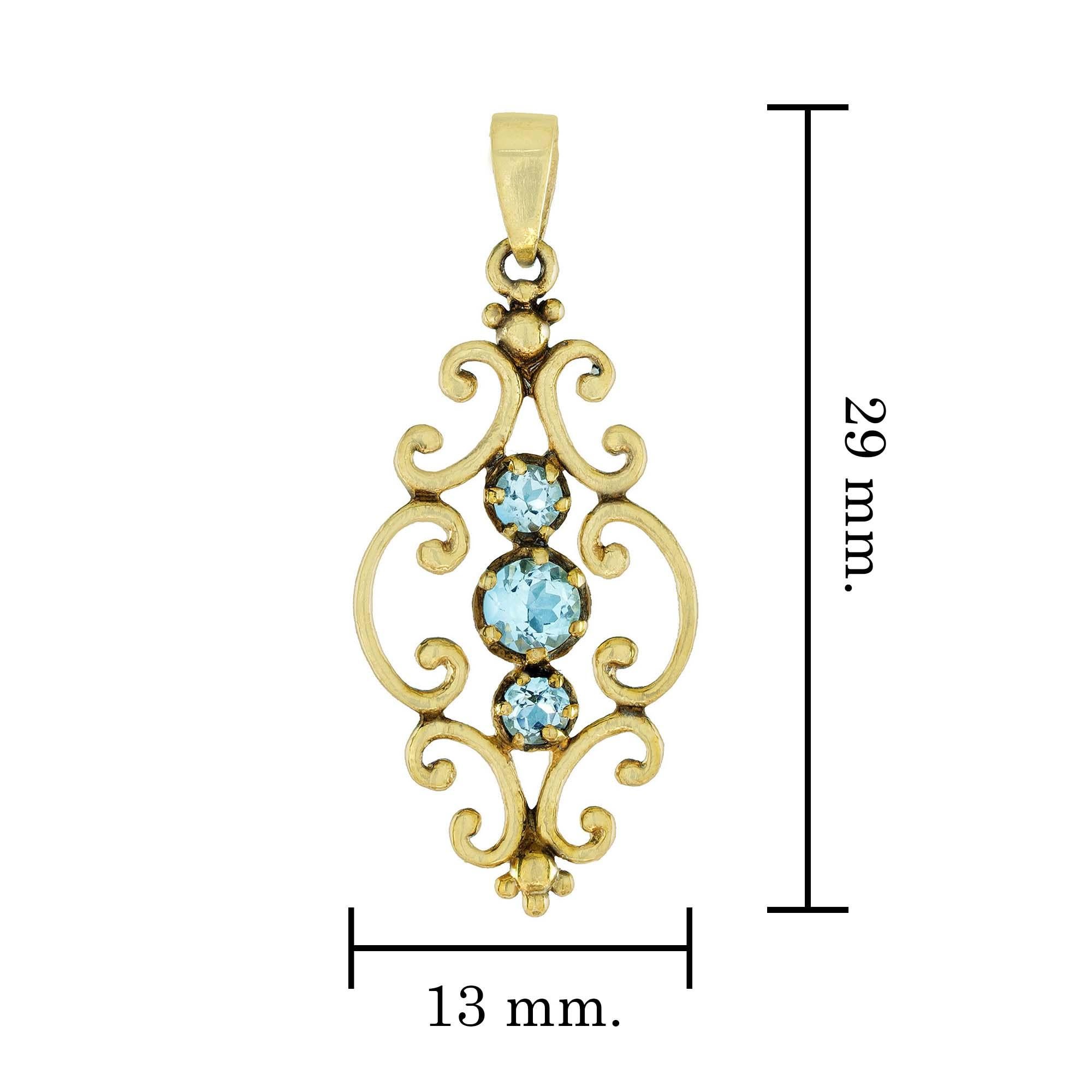 Natural Blue Topaz Vintage Style Three Stone Pendant in Solid 9K Yellow Gold In New Condition For Sale In Bangkok, TH