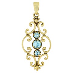 Natural Blue Topaz Vintage Style Three Stone Pendant in Solid 9K Yellow Gold 