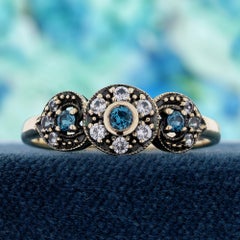 Natural Blue Topaz White Sapphire Three Stone Cluster Ring in Solid 9K Gold