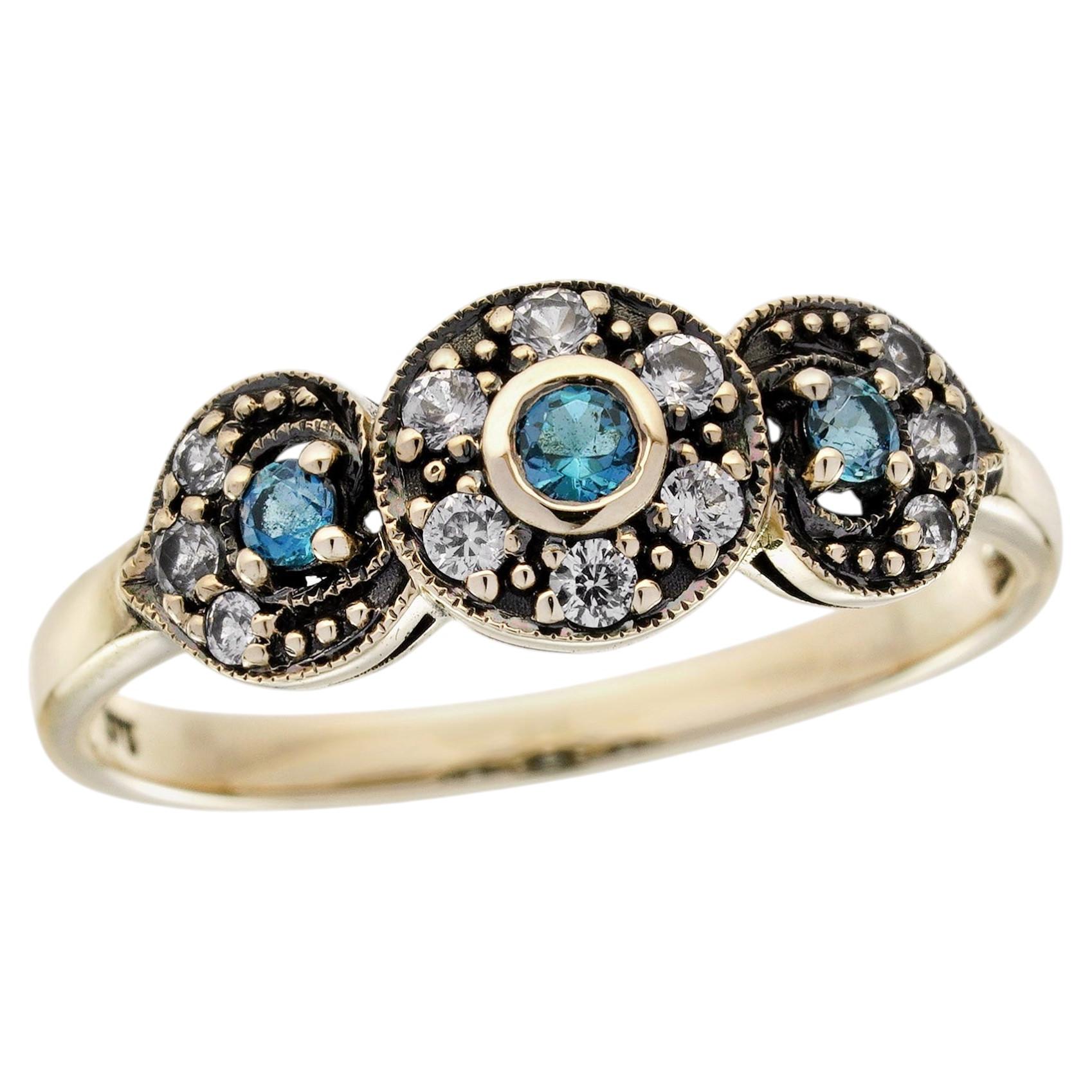 Natural Blue Topaz White Sapphire Three Stone Cluster Ring in Solid 9K Gold For Sale
