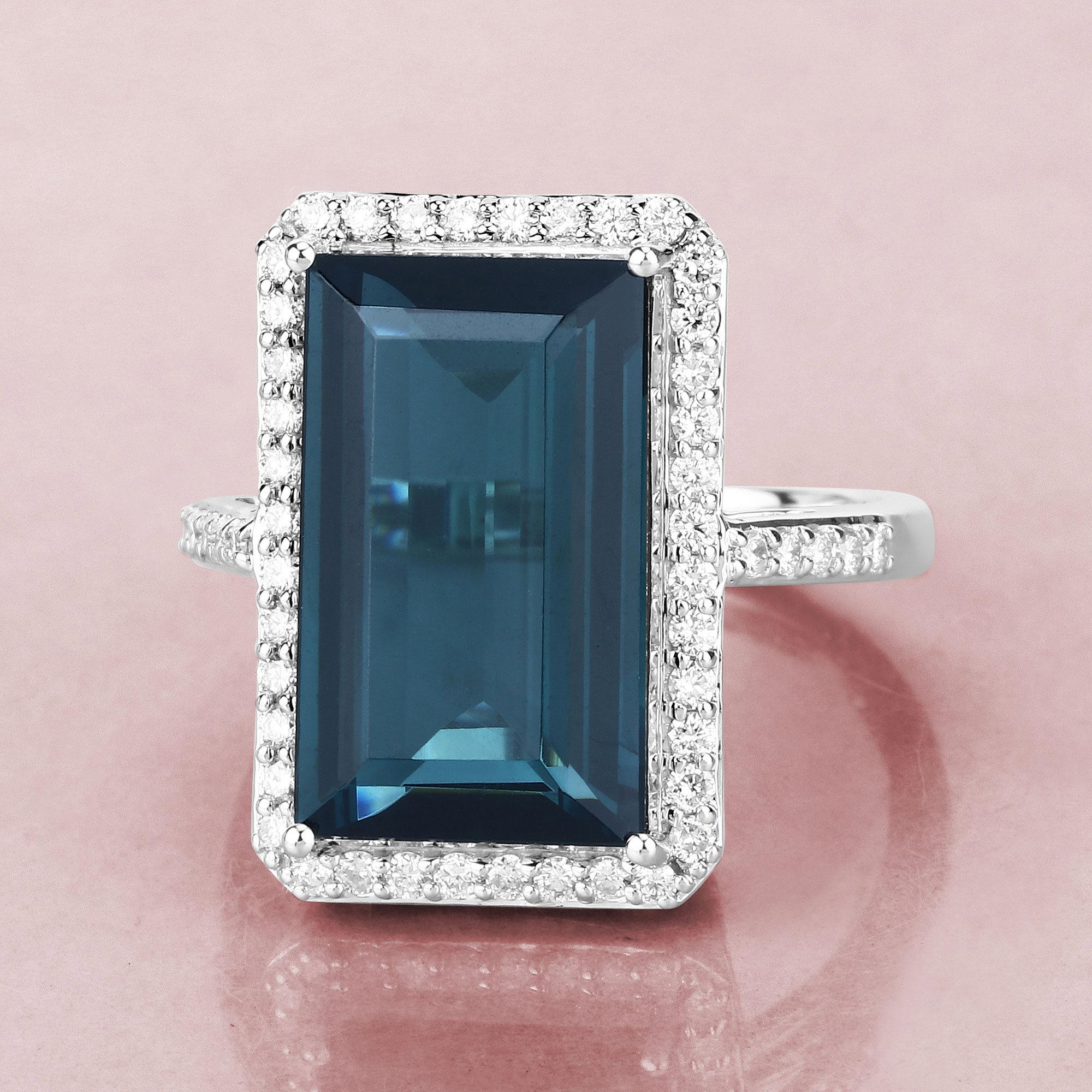 Emerald Cut Natural Blue Tourmaline and Diamond Statement Ring 8 Carats 14k White Gold For Sale