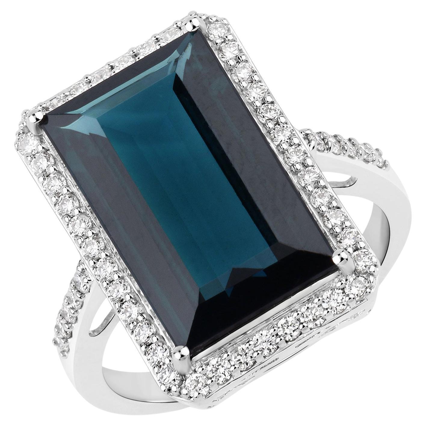 Natural Blue Tourmaline and Diamond Statement Ring 8 Carats 14k White Gold For Sale