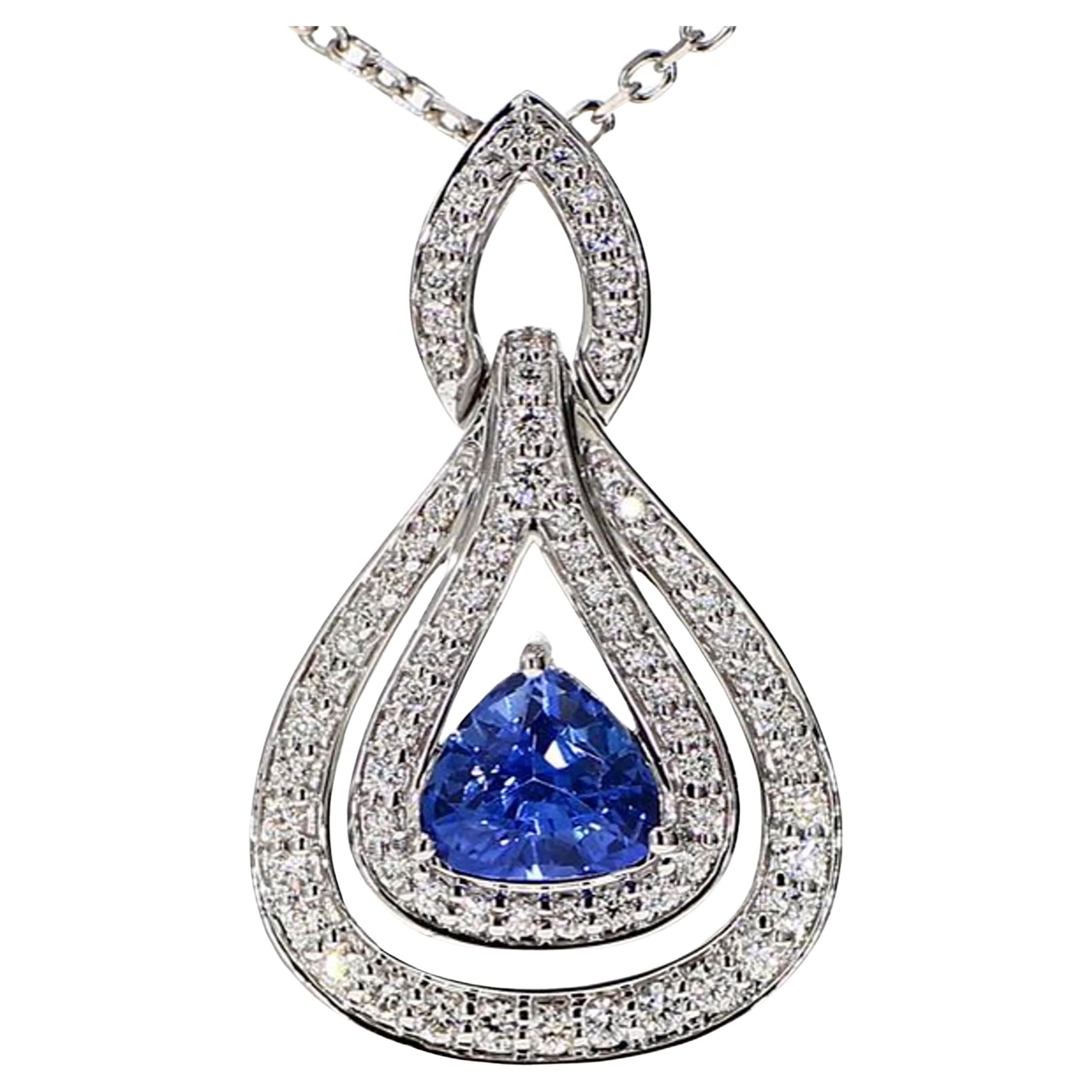 Natural Blue Trilliant Sapphire and White Diamond 1.84 Carat TW Gold Pendant For Sale