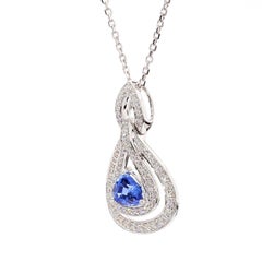 Natural Blue Trillion Sapphire and Diamond 1.84 Carat TW White Gold Drop Pendant
