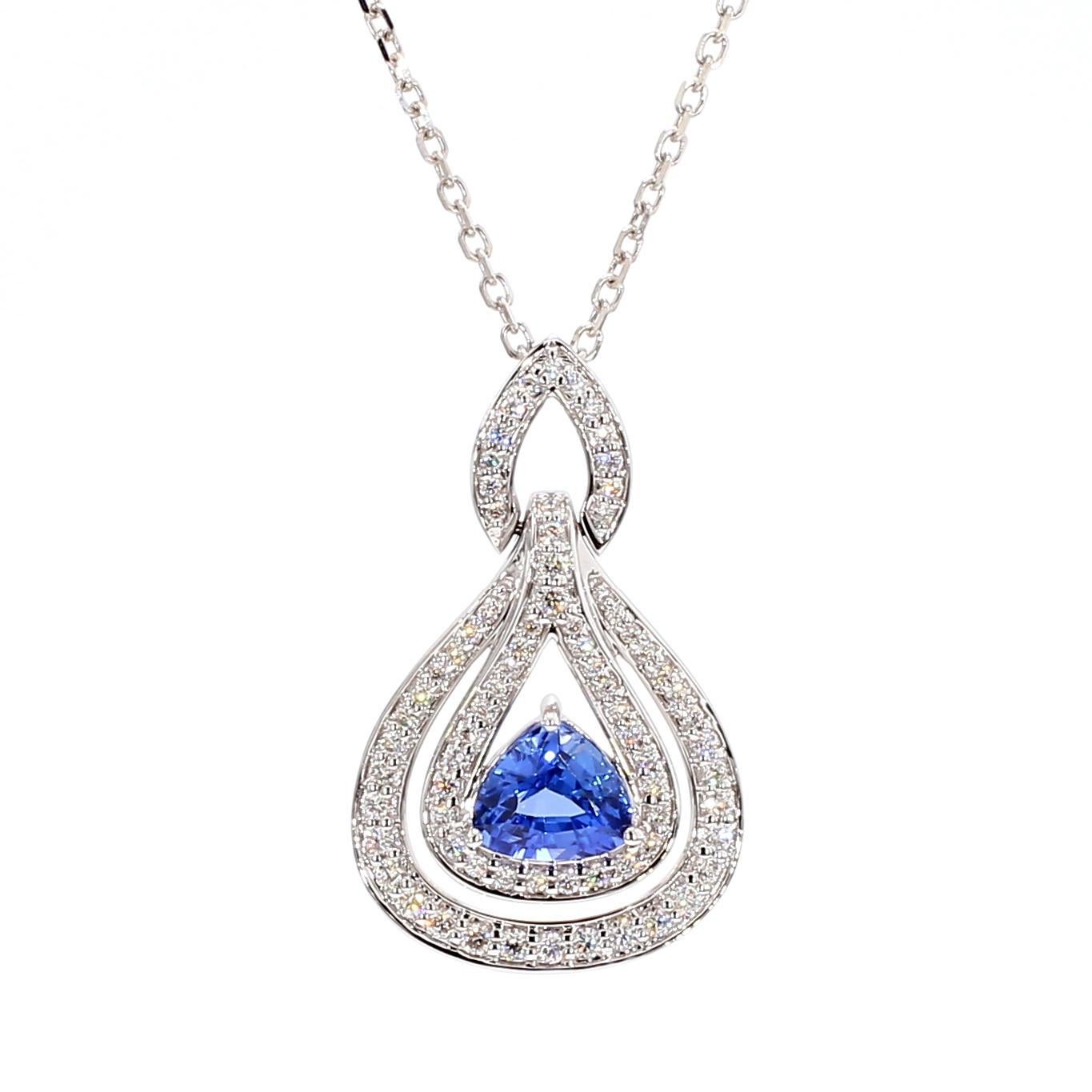 Contemporary Natural Blue Trillion Sapphire and Diamond 1.84 Carat TW White Gold Drop Pendant For Sale