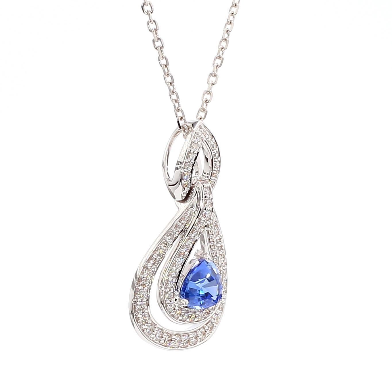 Trillion Cut Natural Blue Trillion Sapphire and Diamond 1.84 Carat TW White Gold Drop Pendant For Sale