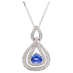 Natural Blue Trillion Sapphire and Diamond 1.84 Carat TW White Gold Drop Pendant