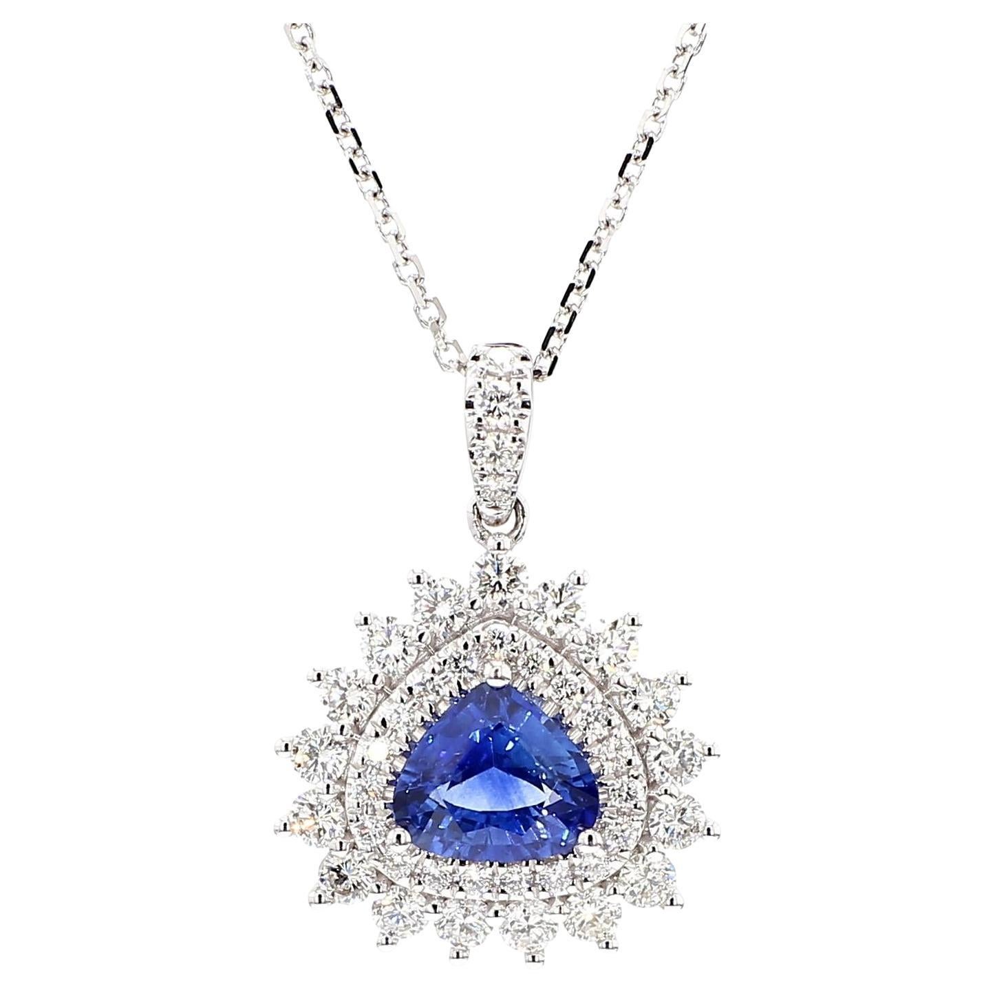 Natural Blue Trillion Sapphire and Diamond 2.17 Carat TW White Gold Drop Pendant