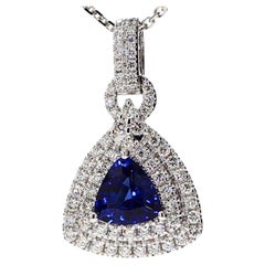 Natural Blue Trillion Sapphire and White Diamond 1.61 Carat TW Gold Pendant