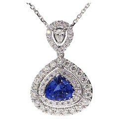 Natural Blue Trillion Sapphire and White Diamond 2.0 Carat TW Gold Drop Pendant