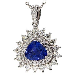 Natural Blue Trillion Sapphire and White Diamond 2.17 Carat TW Gold Pendant