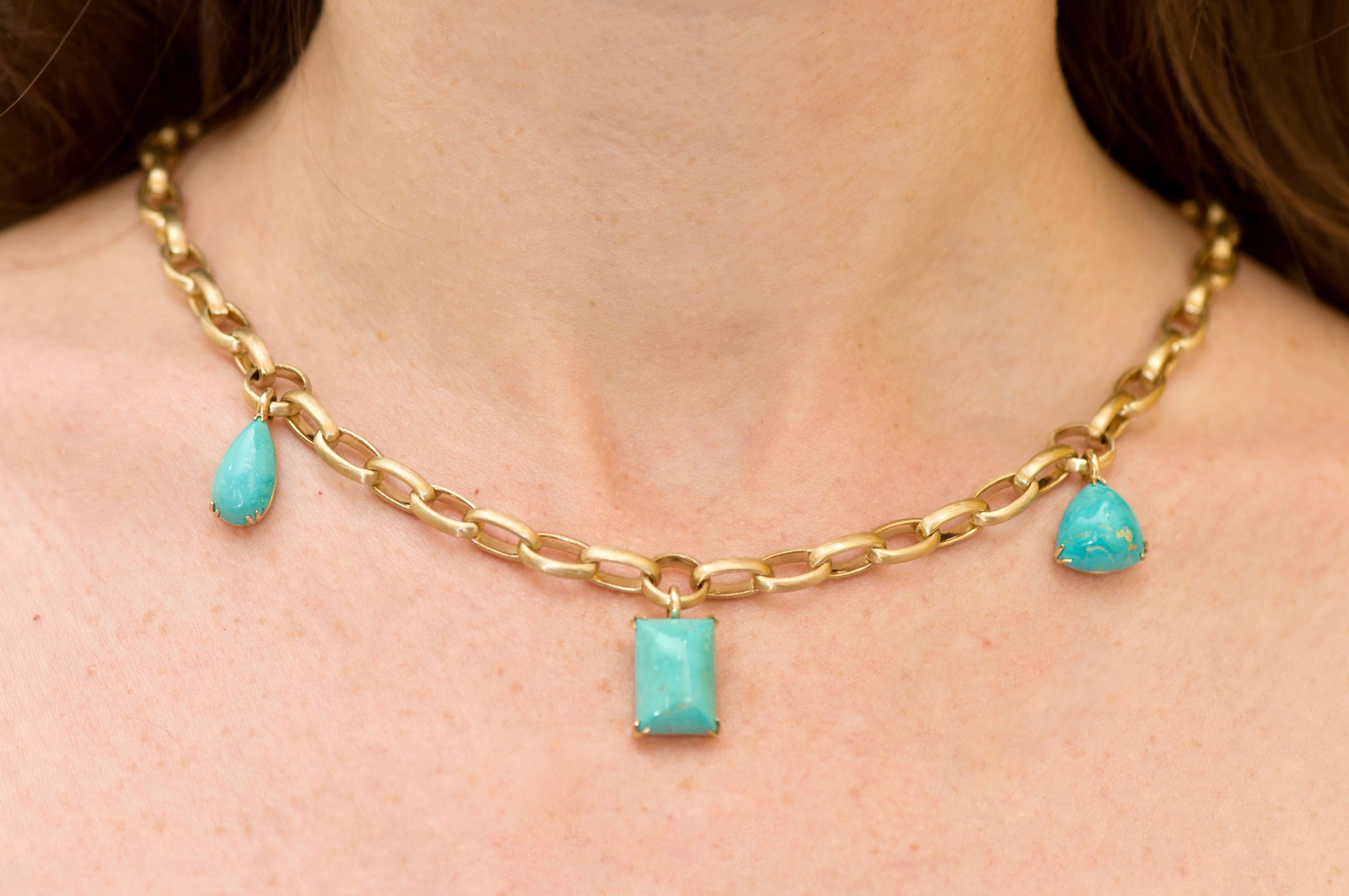 Natural Blue Turquoise 14 Karat Yellow Gold Necklace 1