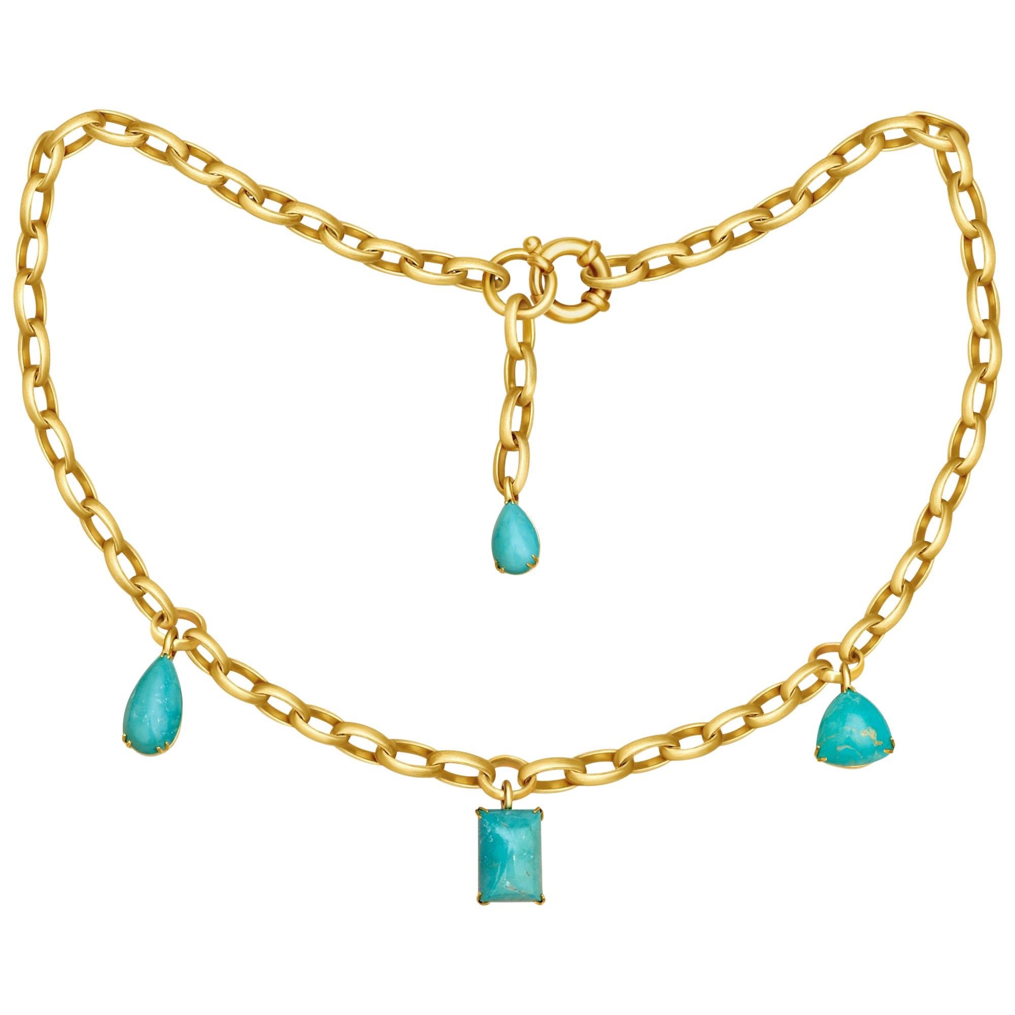 Natural Blue Turquoise 14 Karat Yellow Gold Necklace