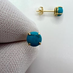 Natural Blue Turquoise 5mm Round Cabochon 9k Yellow Gold Stud Earrings