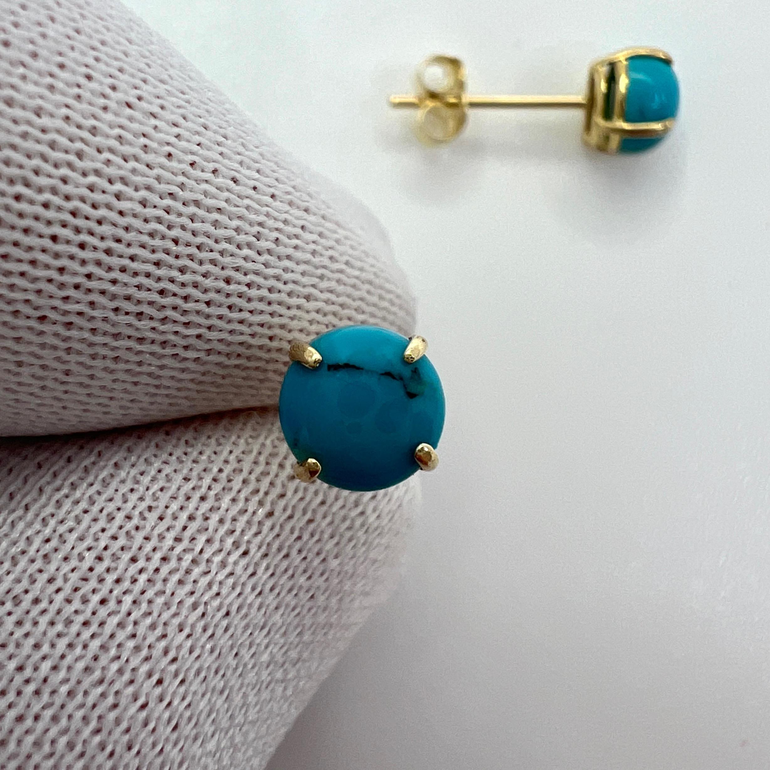 Natural Blue Turquoise 5mm Round Cabochon 9k Yellow Gold Stud Earrings In New Condition For Sale In Birmingham, GB