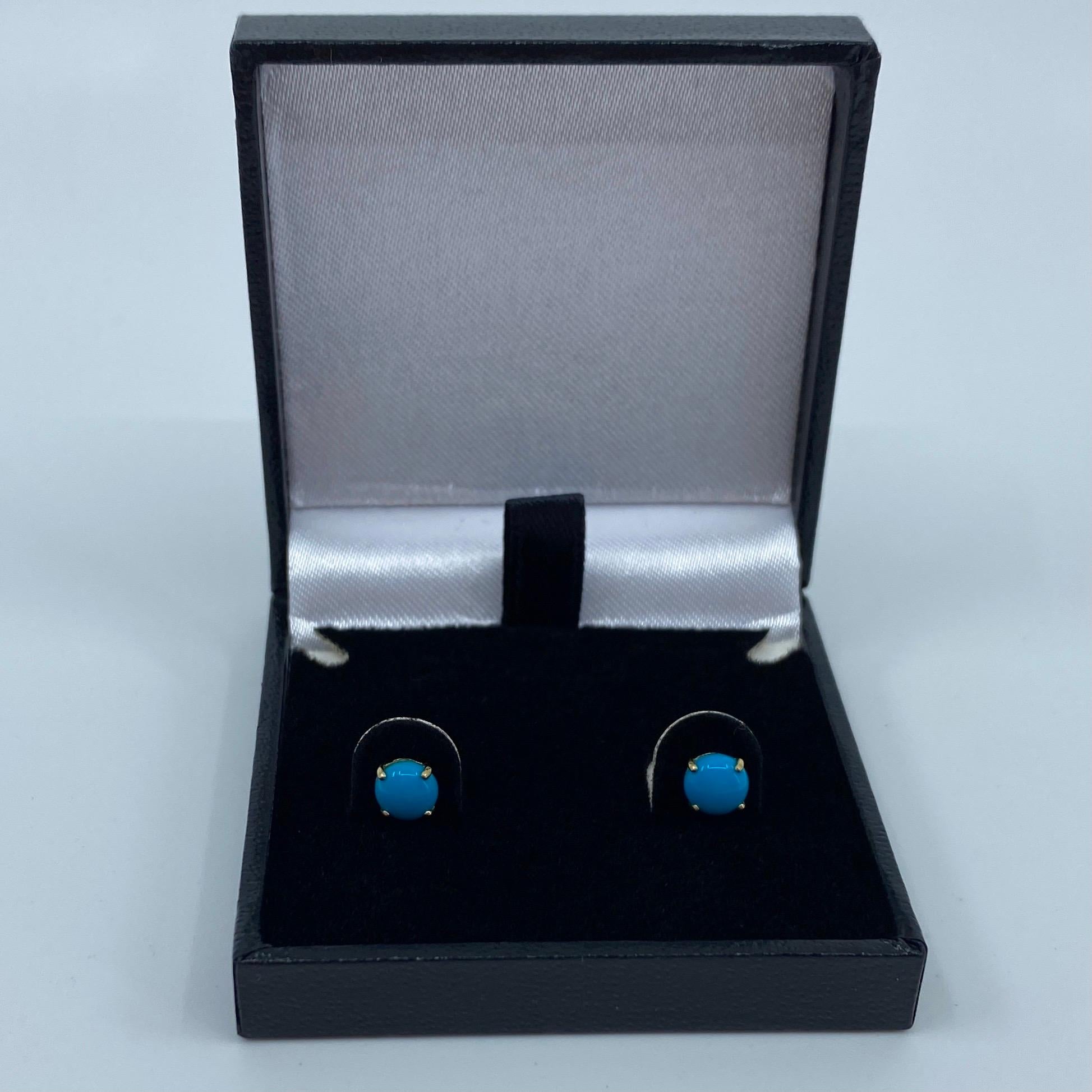 Women's or Men's Natural Blue Turquoise 5mm Round Cabochon 9k Yellow Gold Stud Earrings For Sale