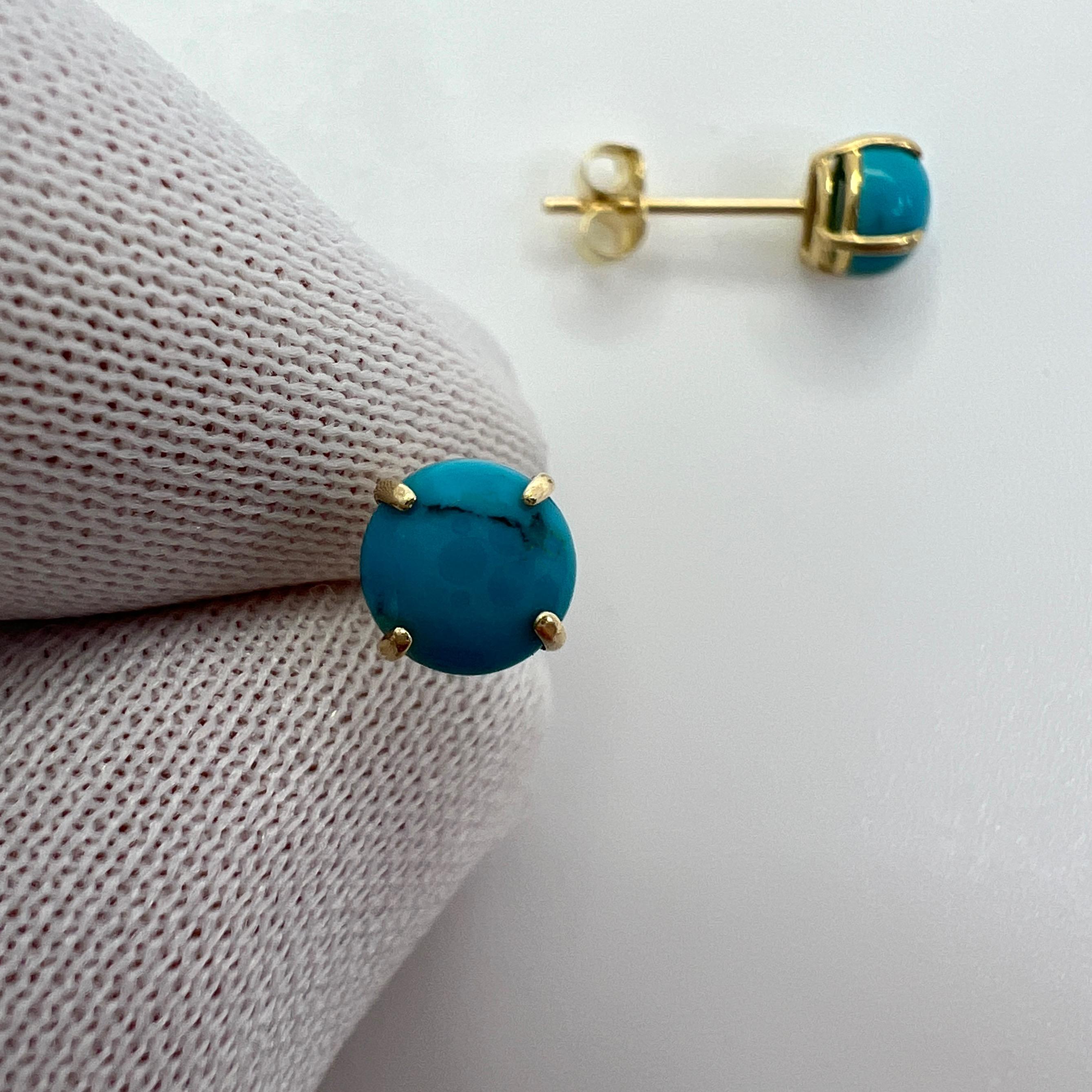 Natural Blue Turquoise 5mm Round Cabochon 9k Yellow Gold Stud Earrings For Sale 1