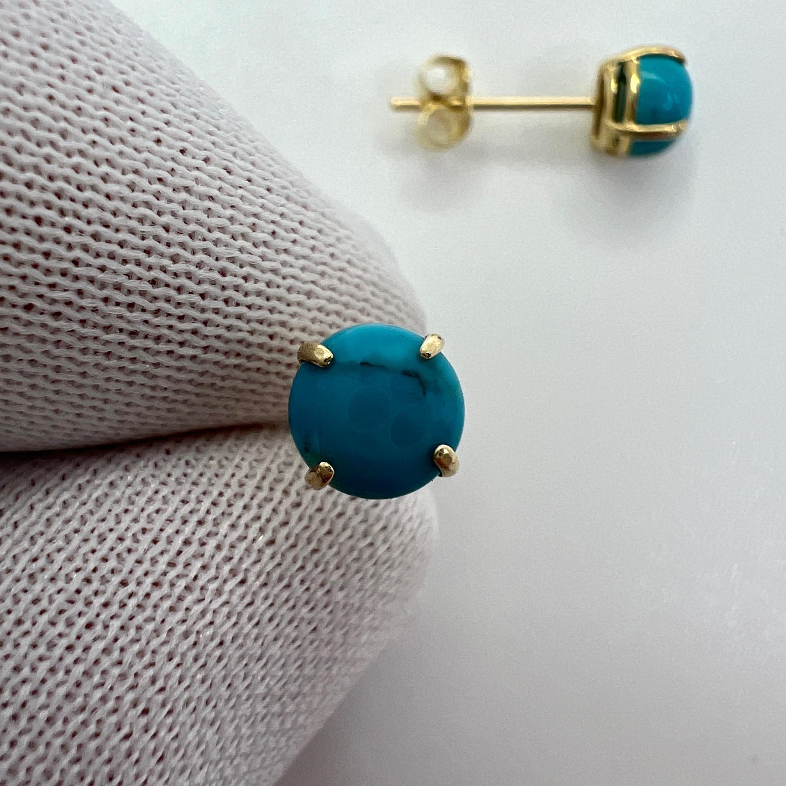 Natural Blue Turquoise 5mm Round Cabochon 9k Yellow Gold Stud Earrings For Sale 2